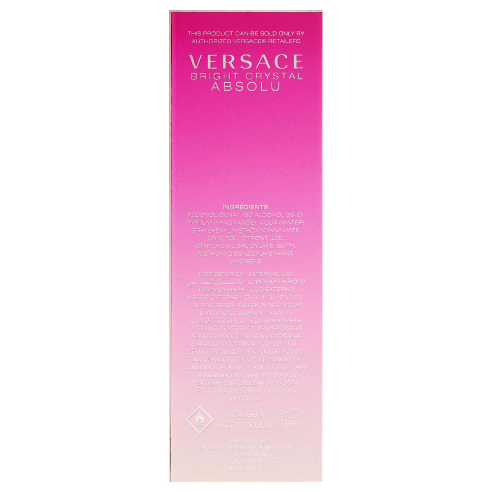Versace Bright Crystal Absolu beside a hand shows true 10 mL scale for packing decisions.