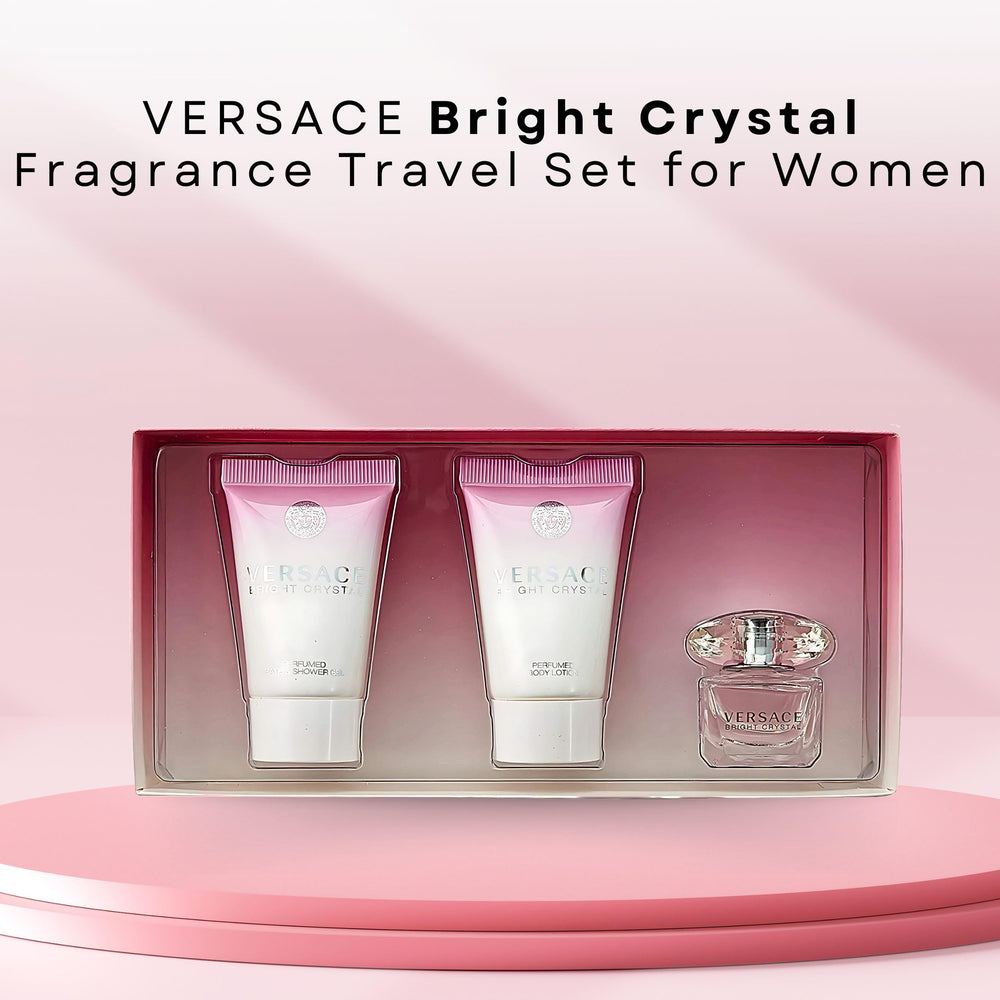 Versace Bright Crystal three mini bottles arranged to display contents and versatility