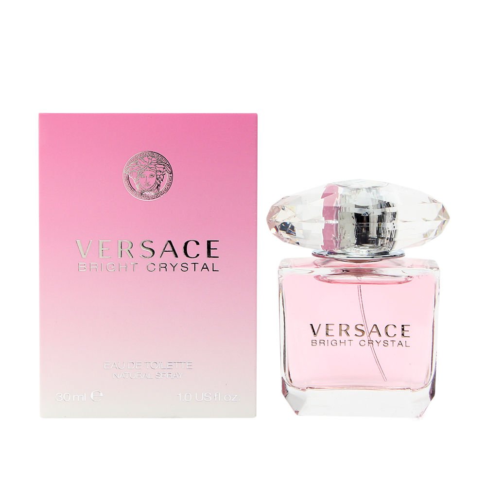 Versace Bright Crystal front bottle shot showing pink glass and feminine appeal