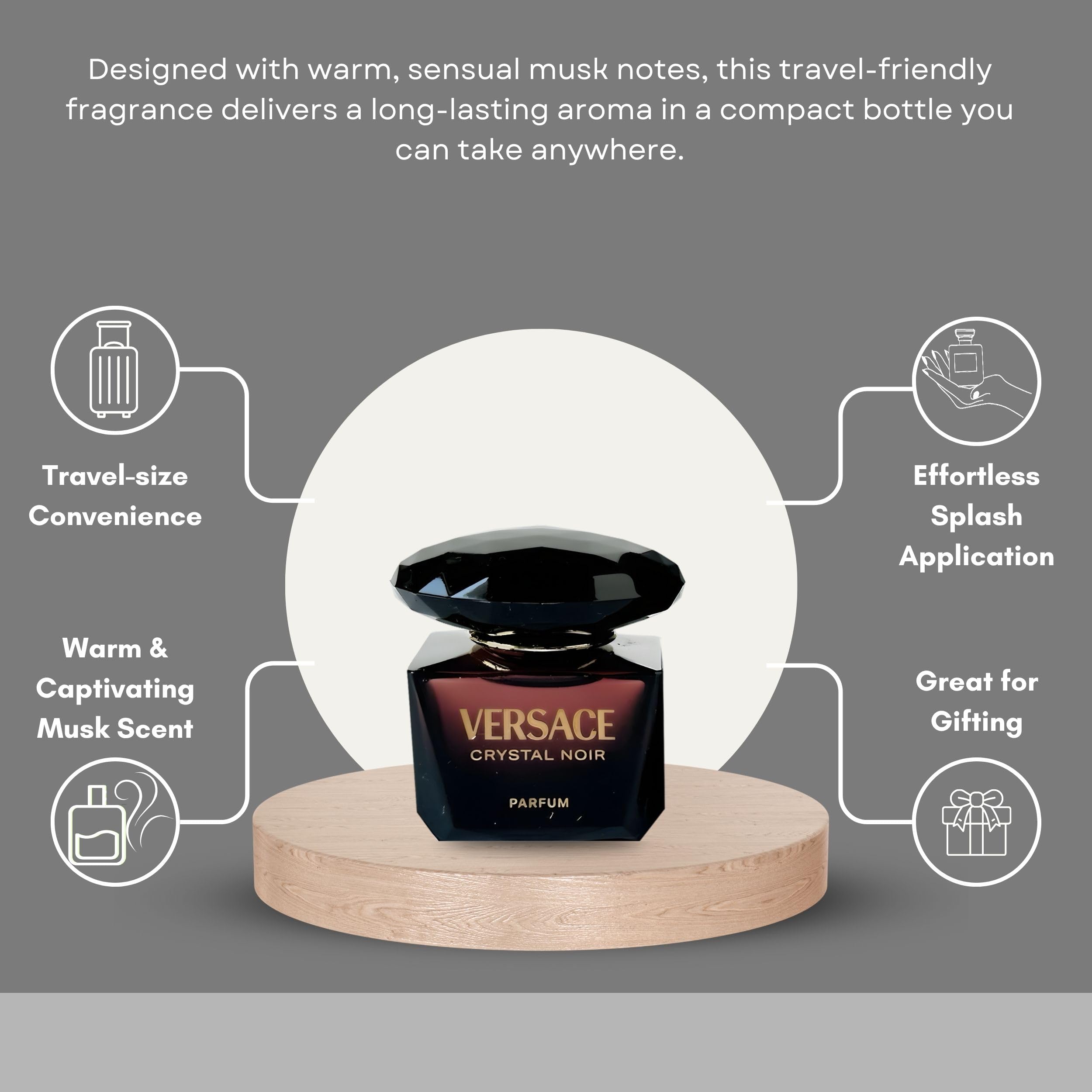 Versace Crystal Noir atomizer closeup showing fine spray for controlled application