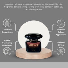 Versace Crystal Noir atomizer closeup showing fine spray for controlled application