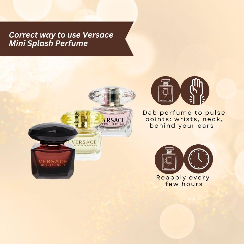 Versace Crystal Noir mini bottle held to show scale and portable evening fragrance benefit