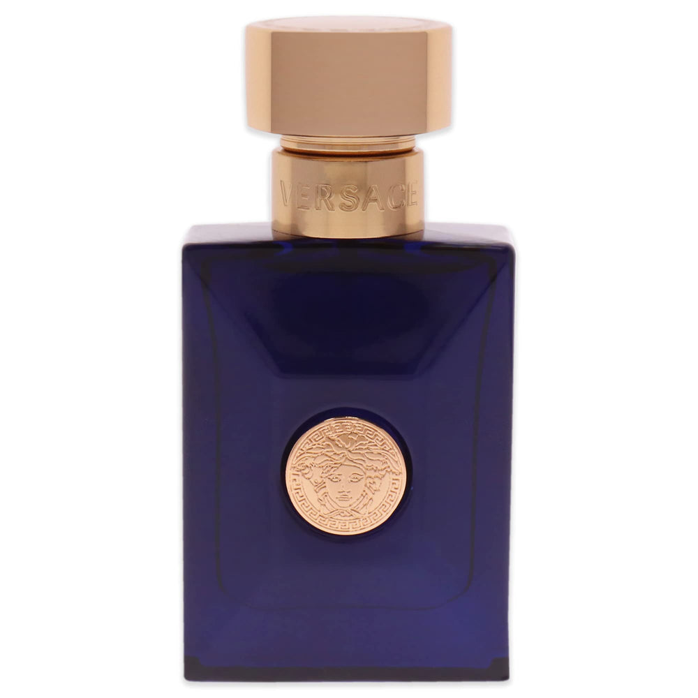 Versace Dylan Blue cap and label close-up highlighting brand details and premium finish