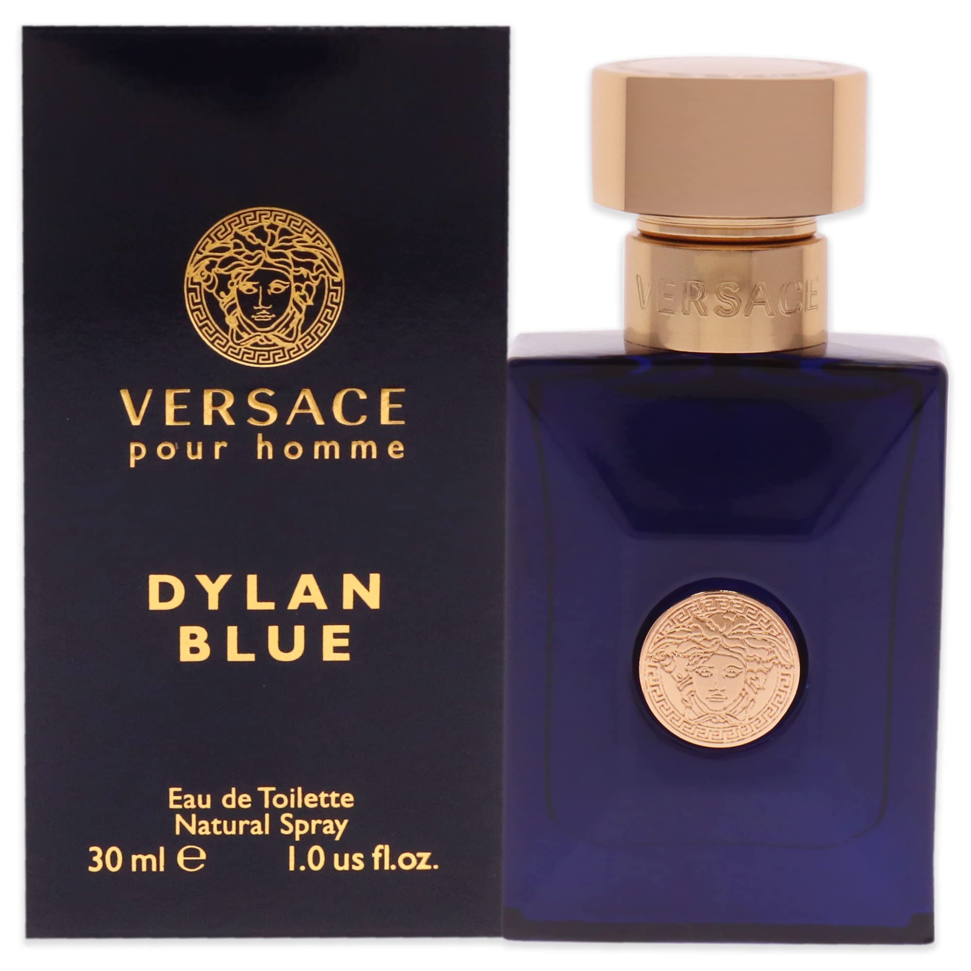 Versace Dylan Blue front bottle showing elegant dark-blue glass and logo for timeless style