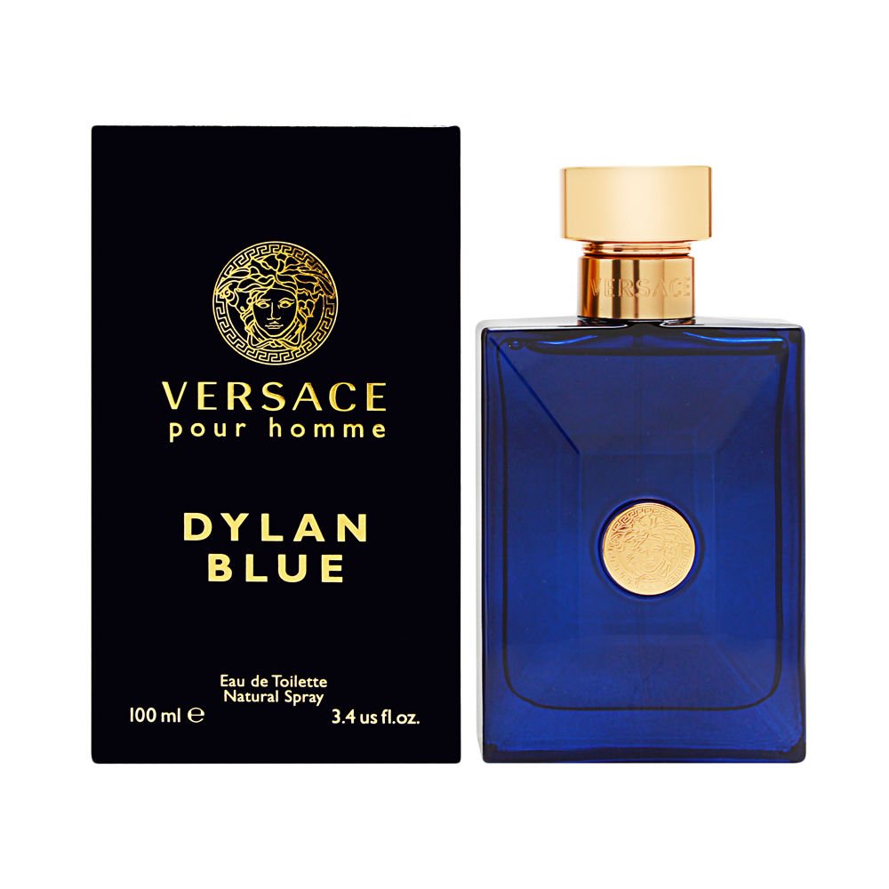 Versace Dylan Blue front bottle showing the blue glass and label, brand clarity and style