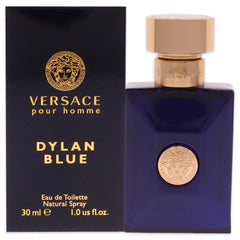 Versace Dylan Blue front bottle showing elegant dark-blue glass and logo for timeless style