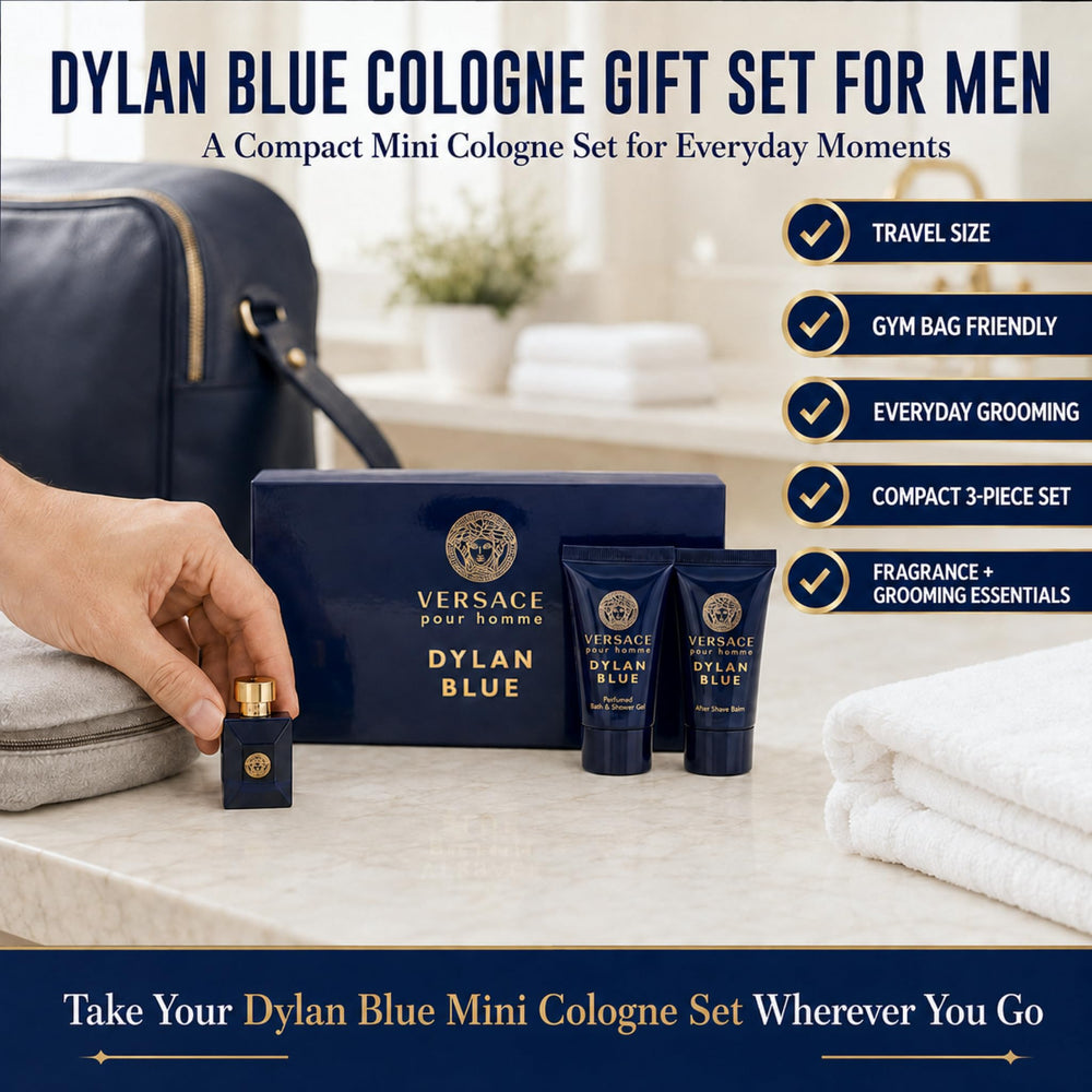Versace Dylan Blue lifestyle dressing table display showing stylish grooming routine