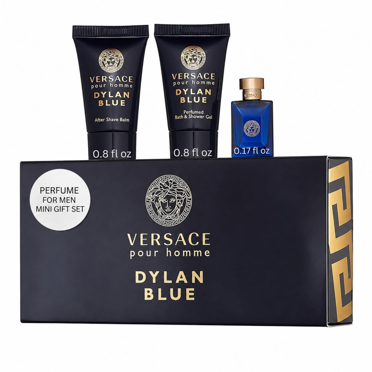 Versace Dylan Blue front packaging showing compact travel set and brand appeal