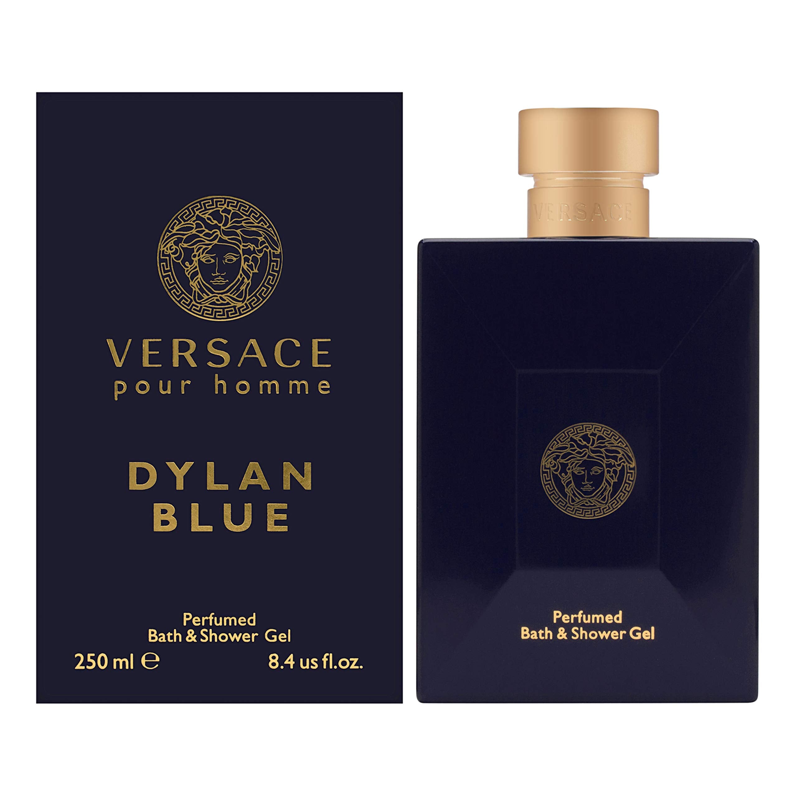 Versace Dylan Blue shower gel front view showing bottle and elegant label, adds luxury scent