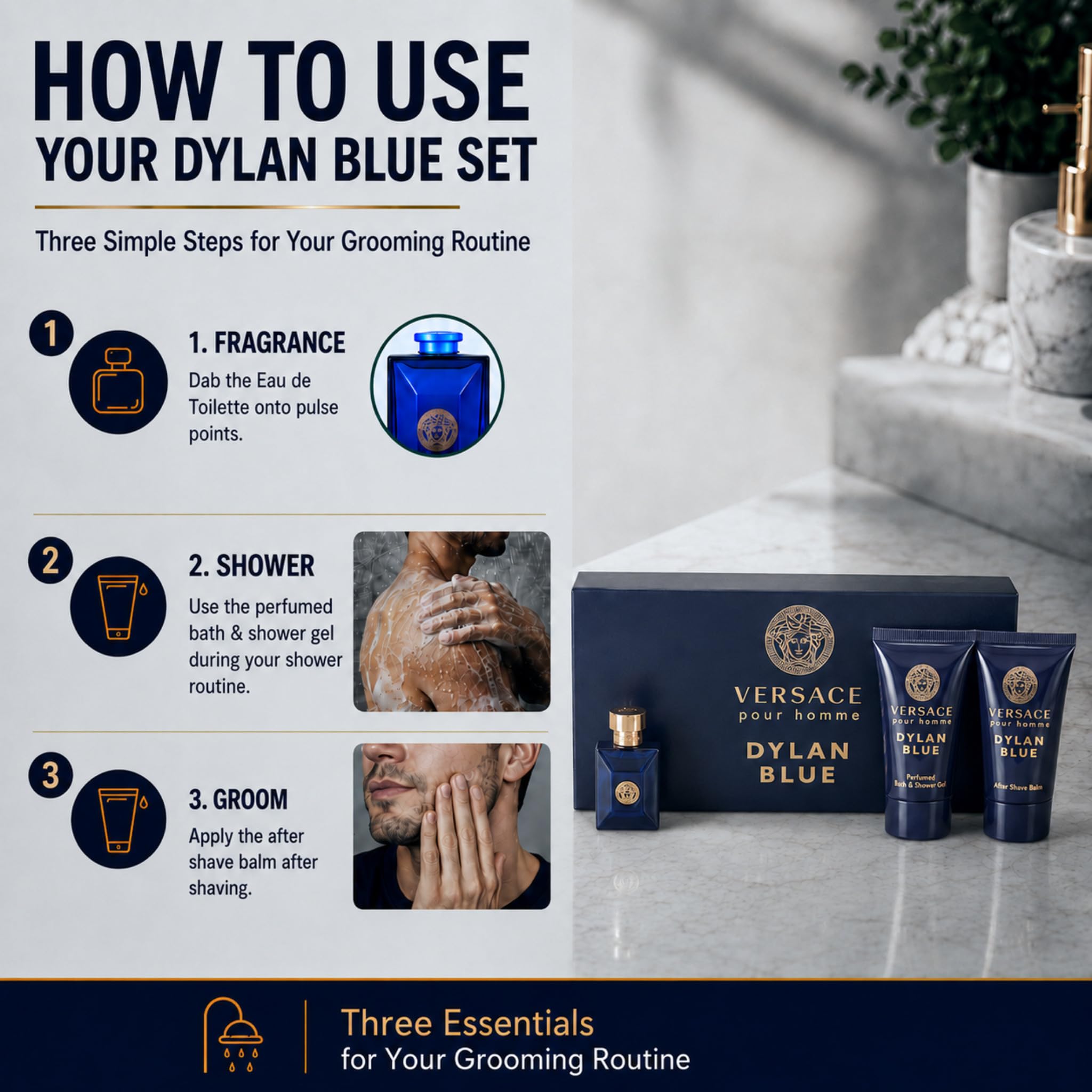 Versace Dylan Blue shower gel texture on palm demonstrating cleansing freshness