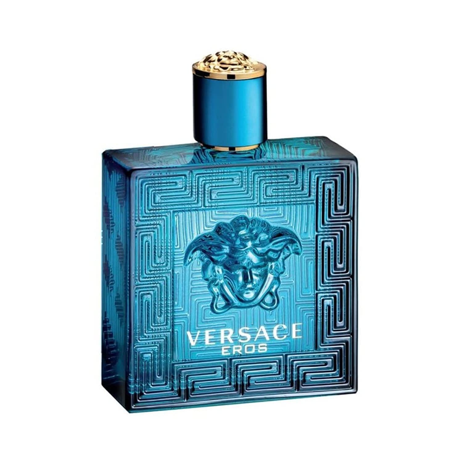 Versace Eros bottle detail and cap close-up highlighting label and premium finish