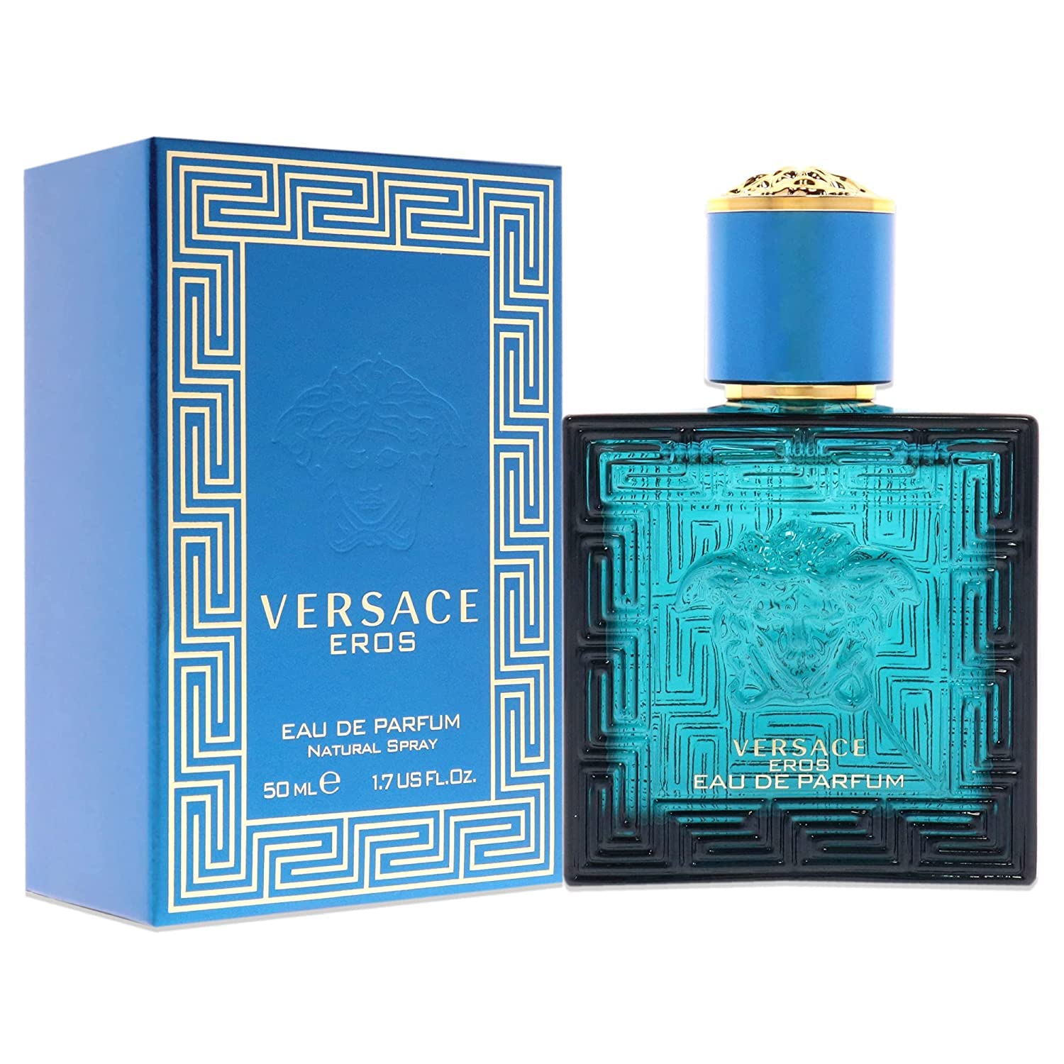 Versace Eros bottle held in hand demonstrating size and spray action for easy application