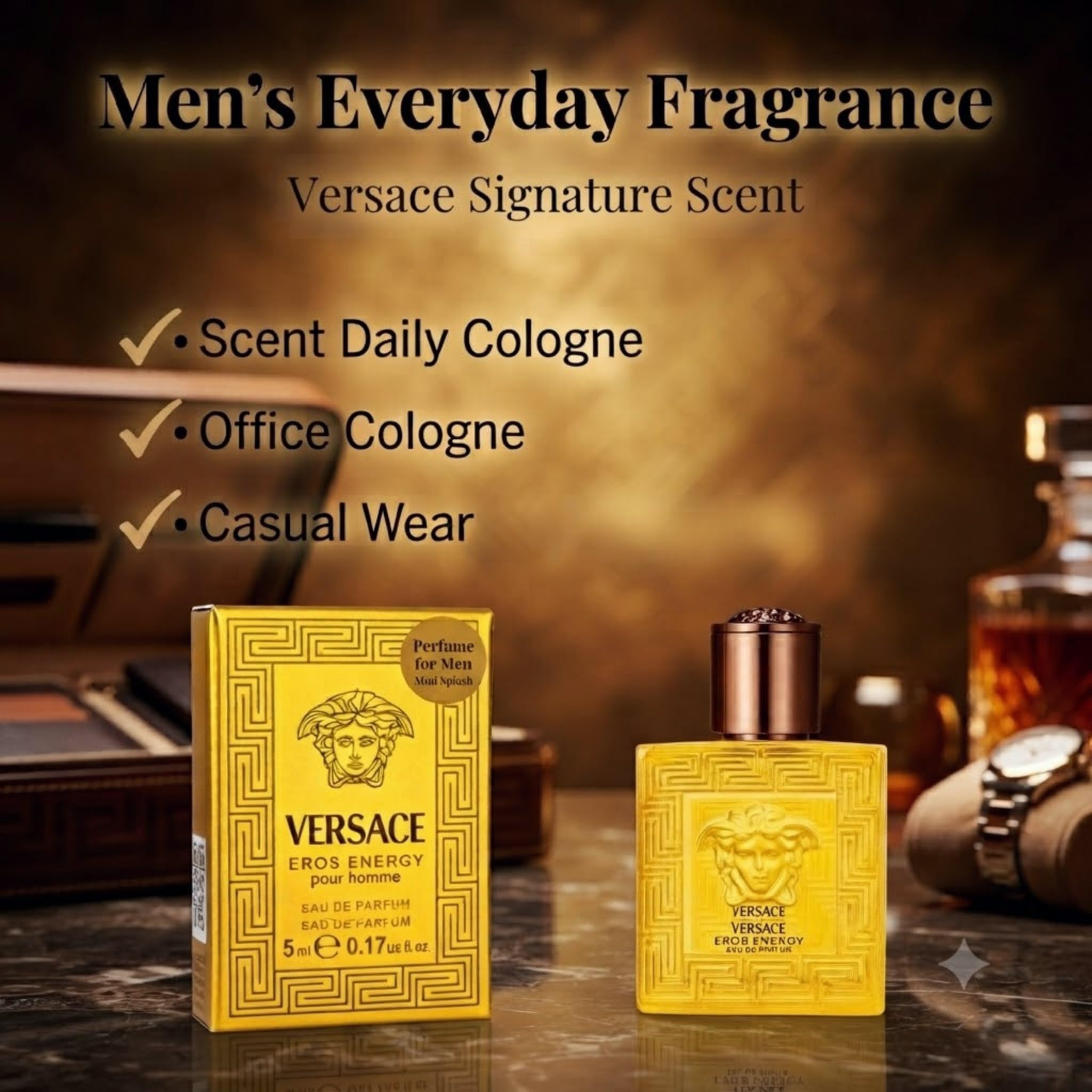 Versace Eros Energy on a bathroom shelf in men's grooming scene offering daily confidence