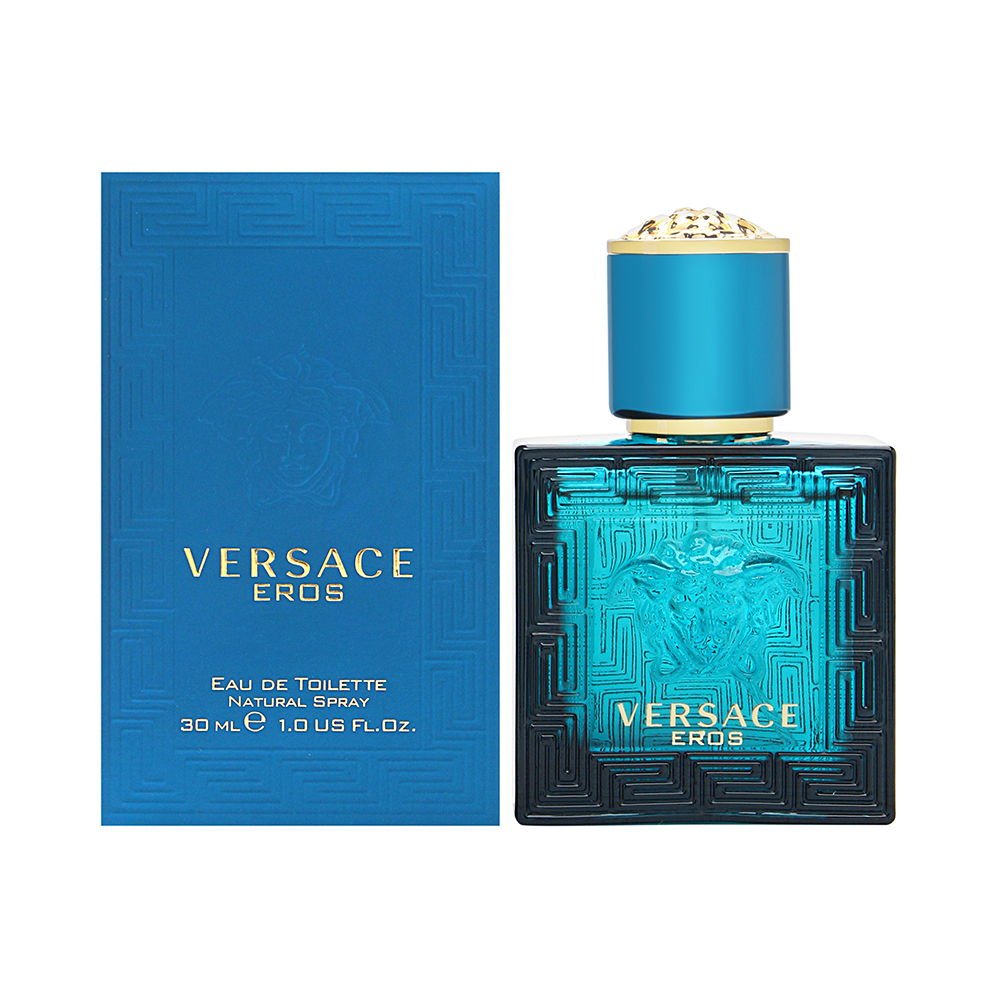 Versace Eros front packaging showing bottle and box, brand clarity and portable design
