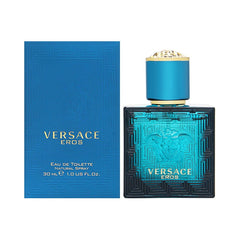 Versace Eros front packaging showing bottle and box, brand clarity and portable design