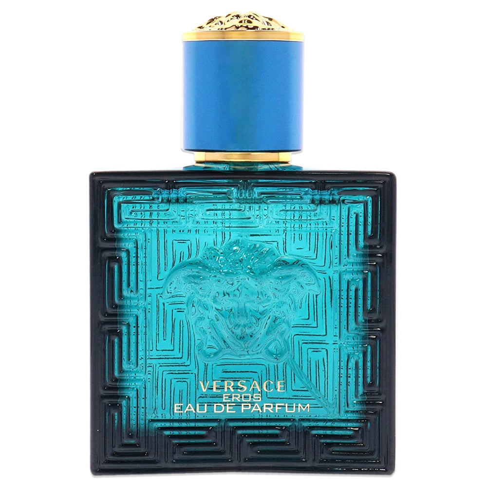 Close-up of Versace Eros ingredients label highlighting citrus and woody notes for clarity
