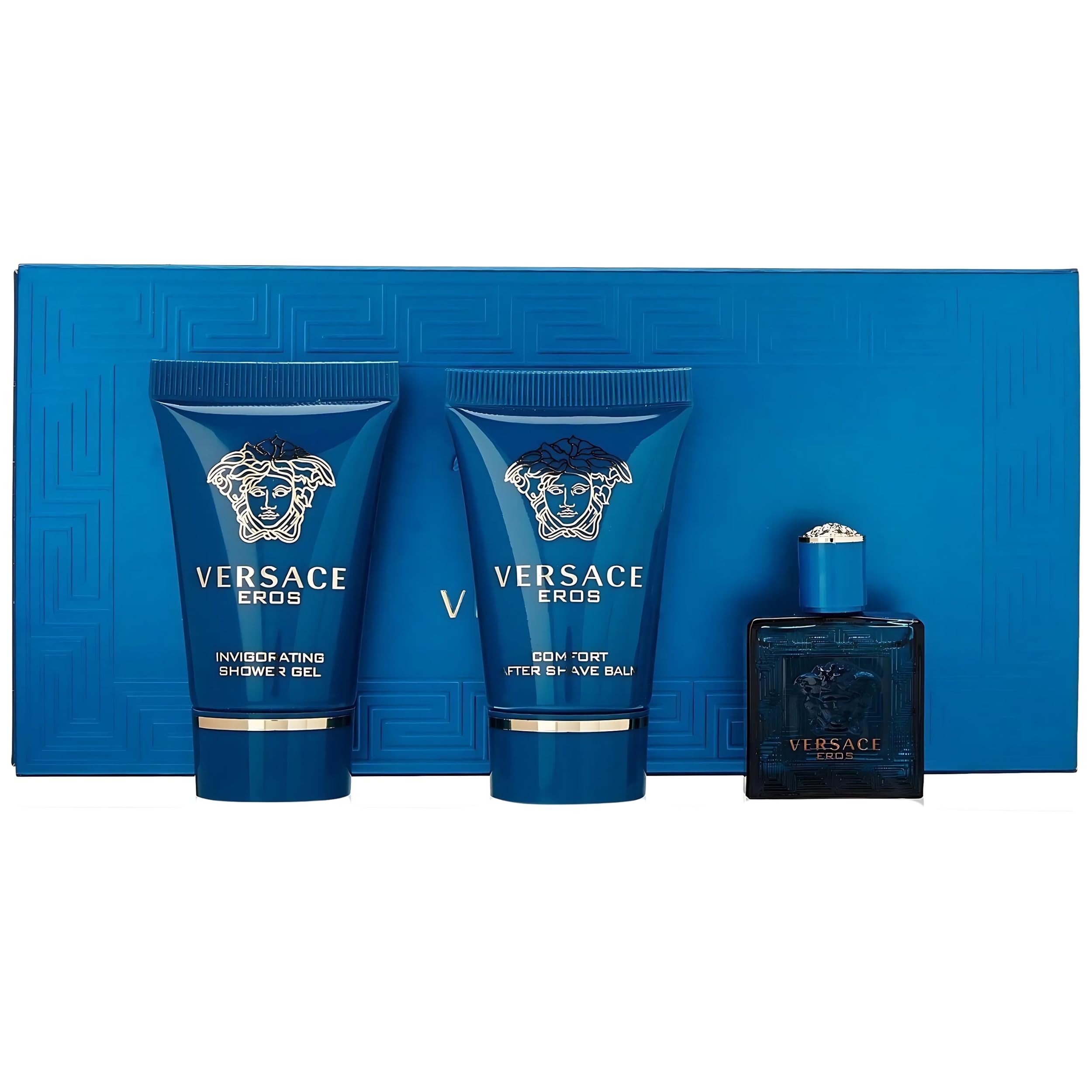 Versace Eros trio arranged in a travel bag conveying portable fragrance layering convenience