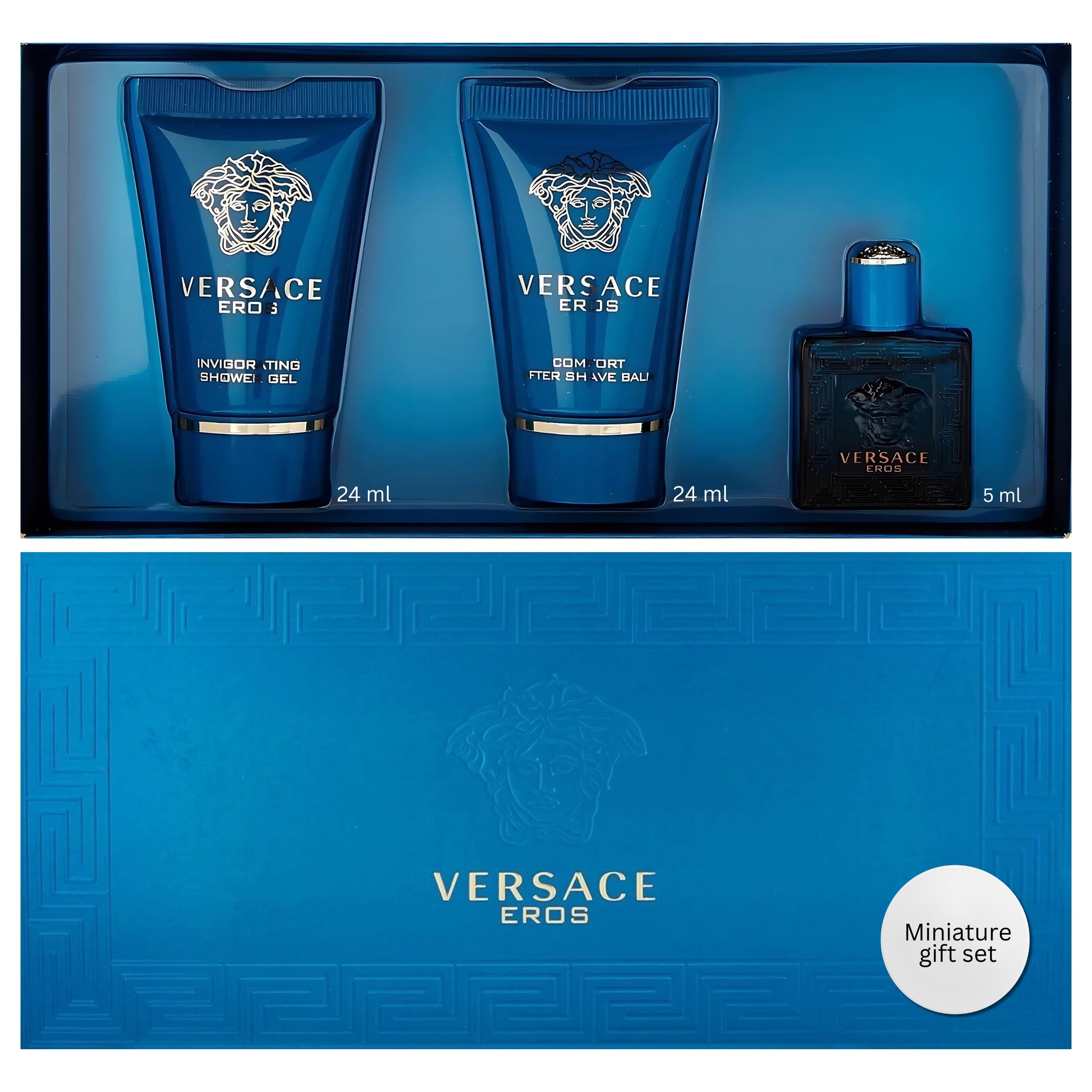 Versace Eros mini gift set front view showing bottles and box for confident gifting