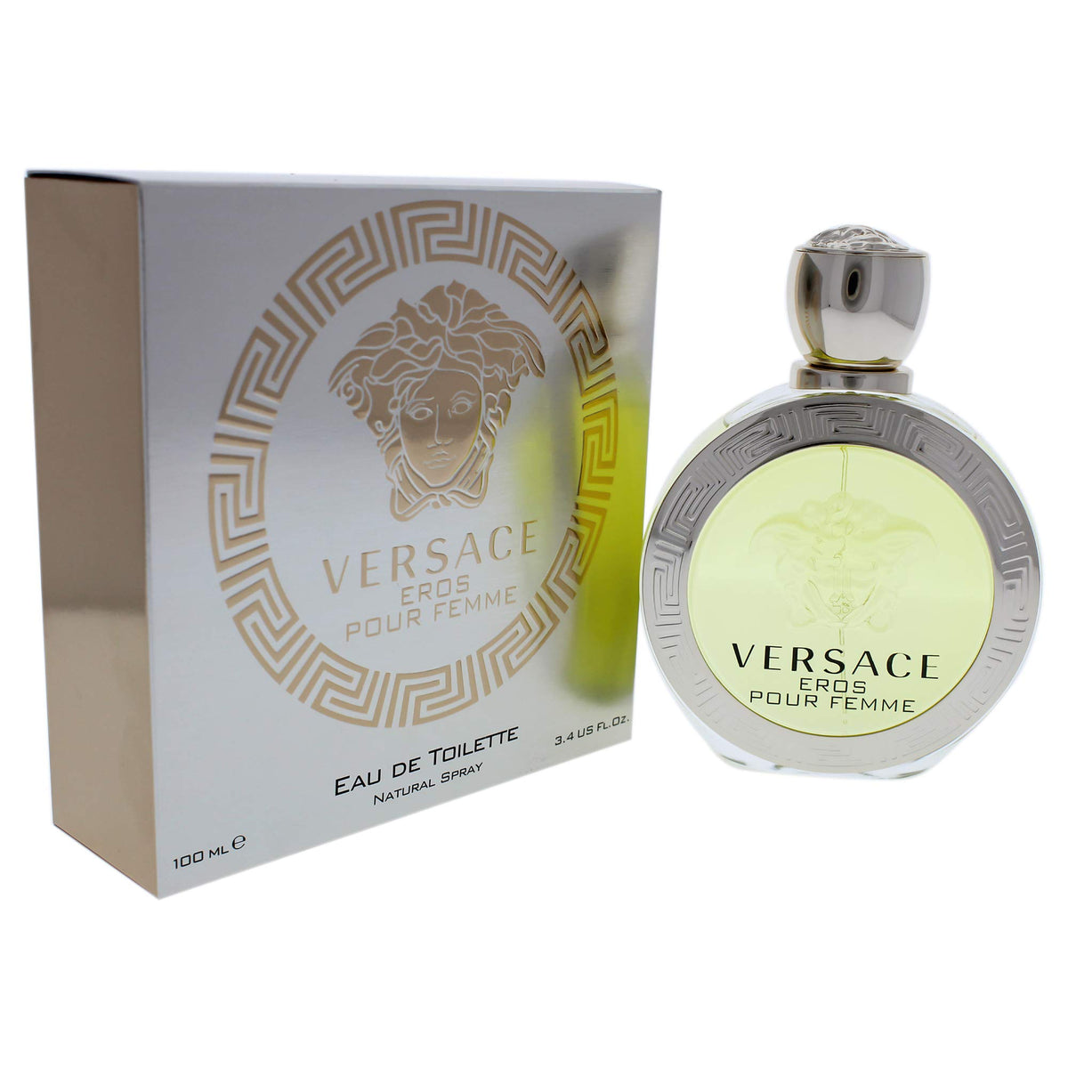 Versace Eros Pour Femme bottle front view showing elegant packaging and instant shelf appeal
