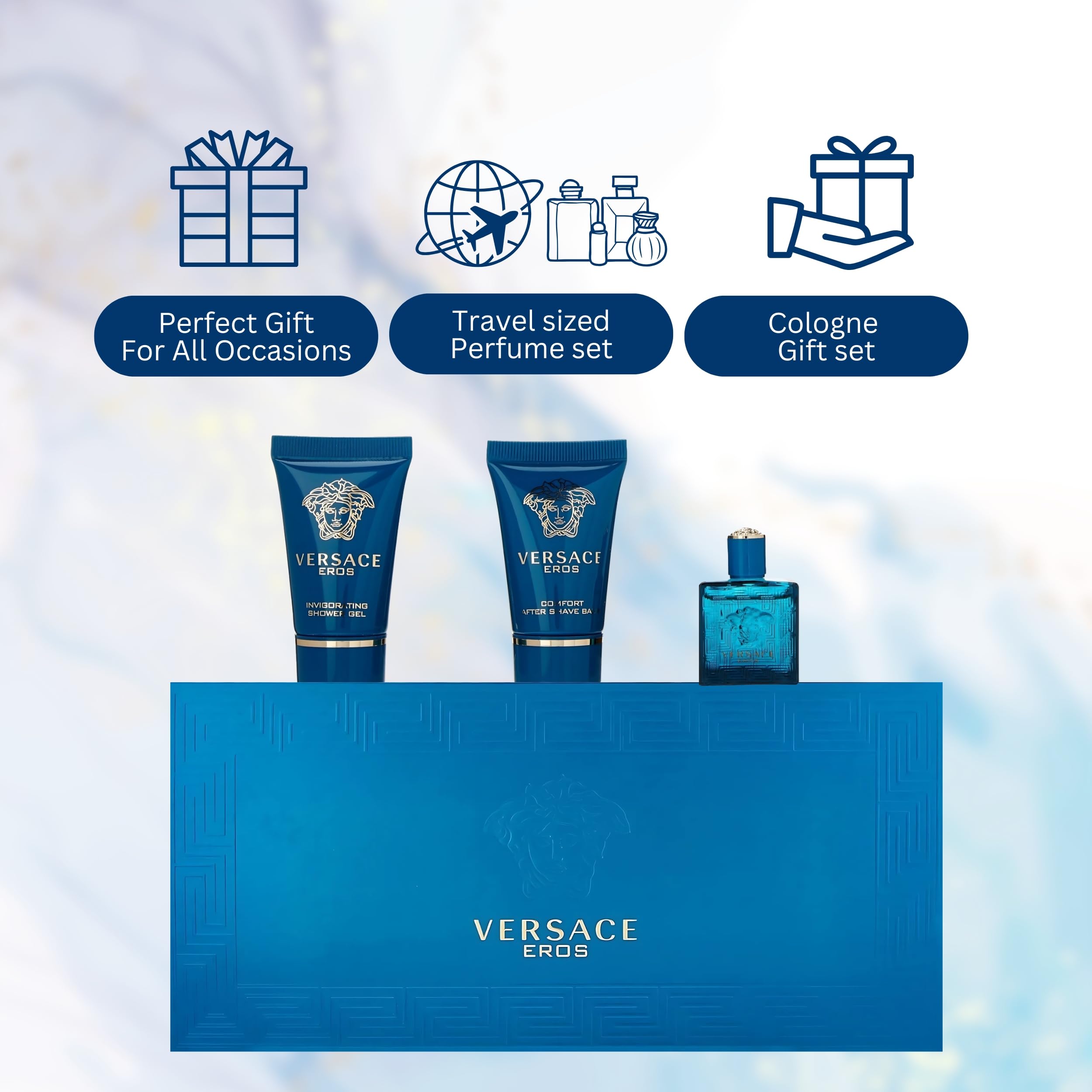 Versace Eros set next to passport and watch indicating travel-friendly compact sizes
