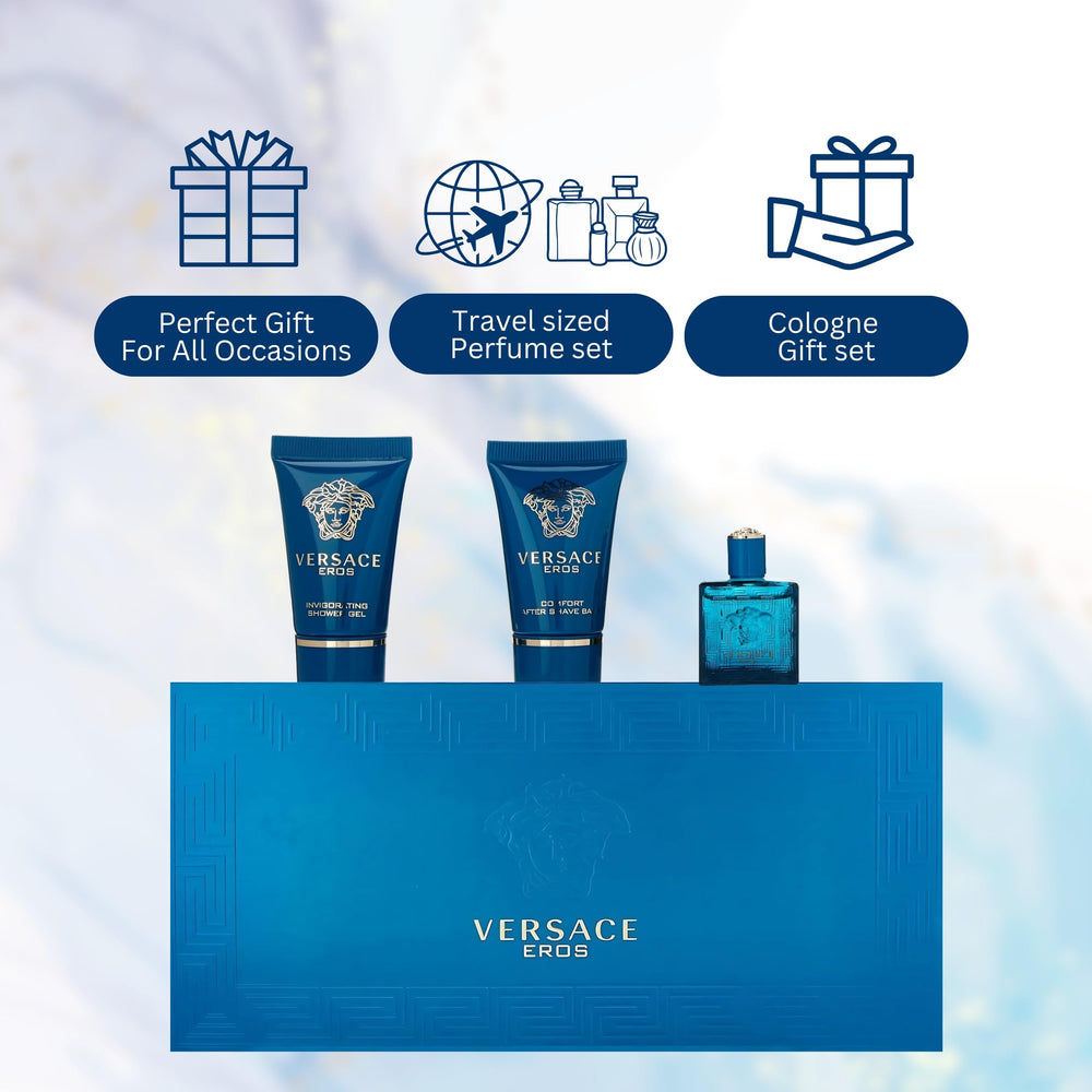 Versace Eros set next to passport and watch indicating travel-friendly compact sizes
