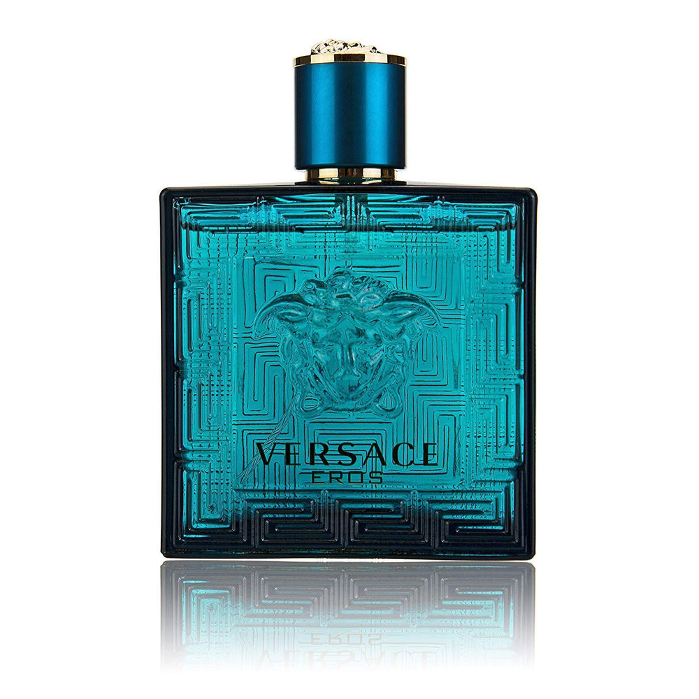 Versace Eros glass texture shot emphasizing turquoise color and premium finish