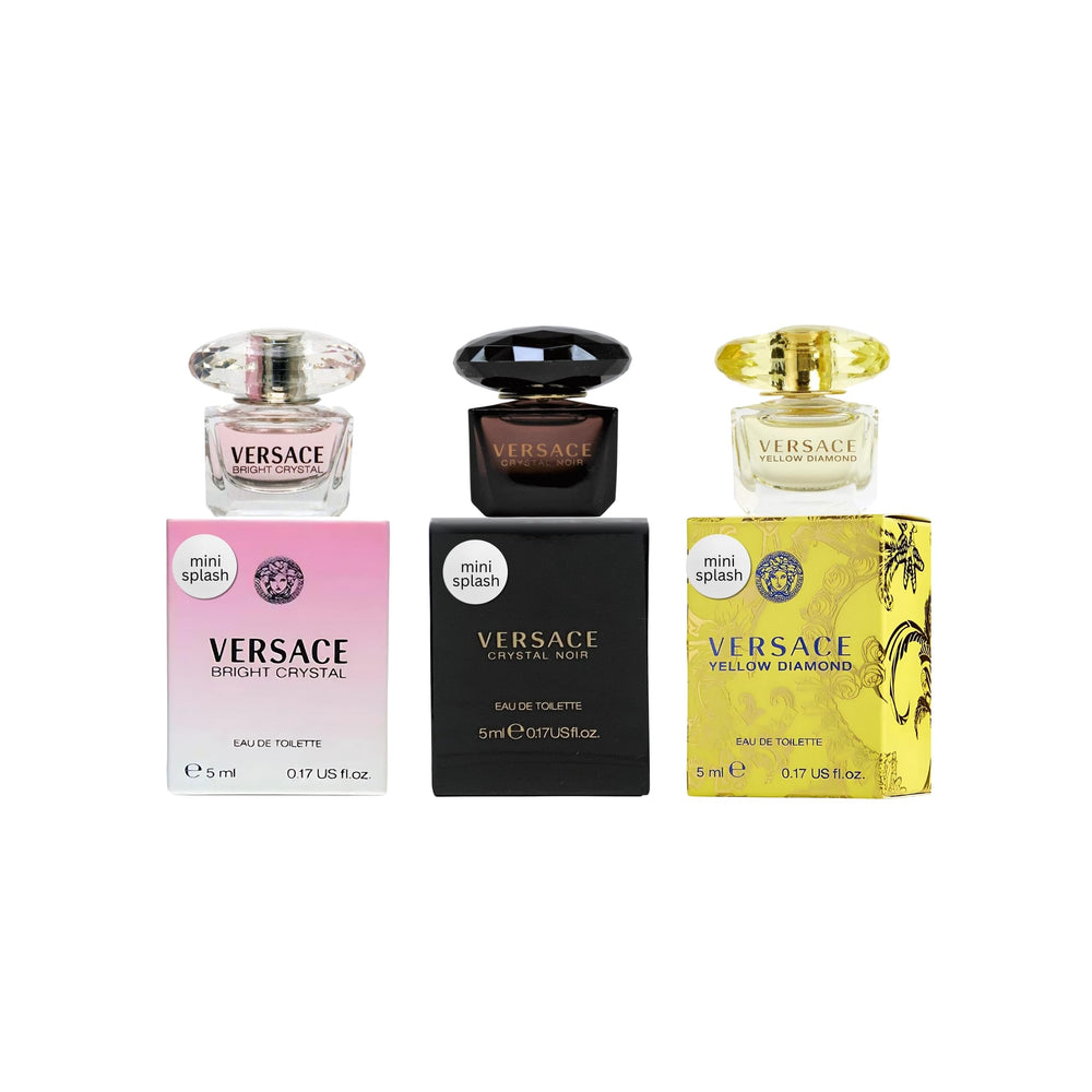 Versace three-piece mini set front packaging showing all bottles and gift box benefit elegant gifting