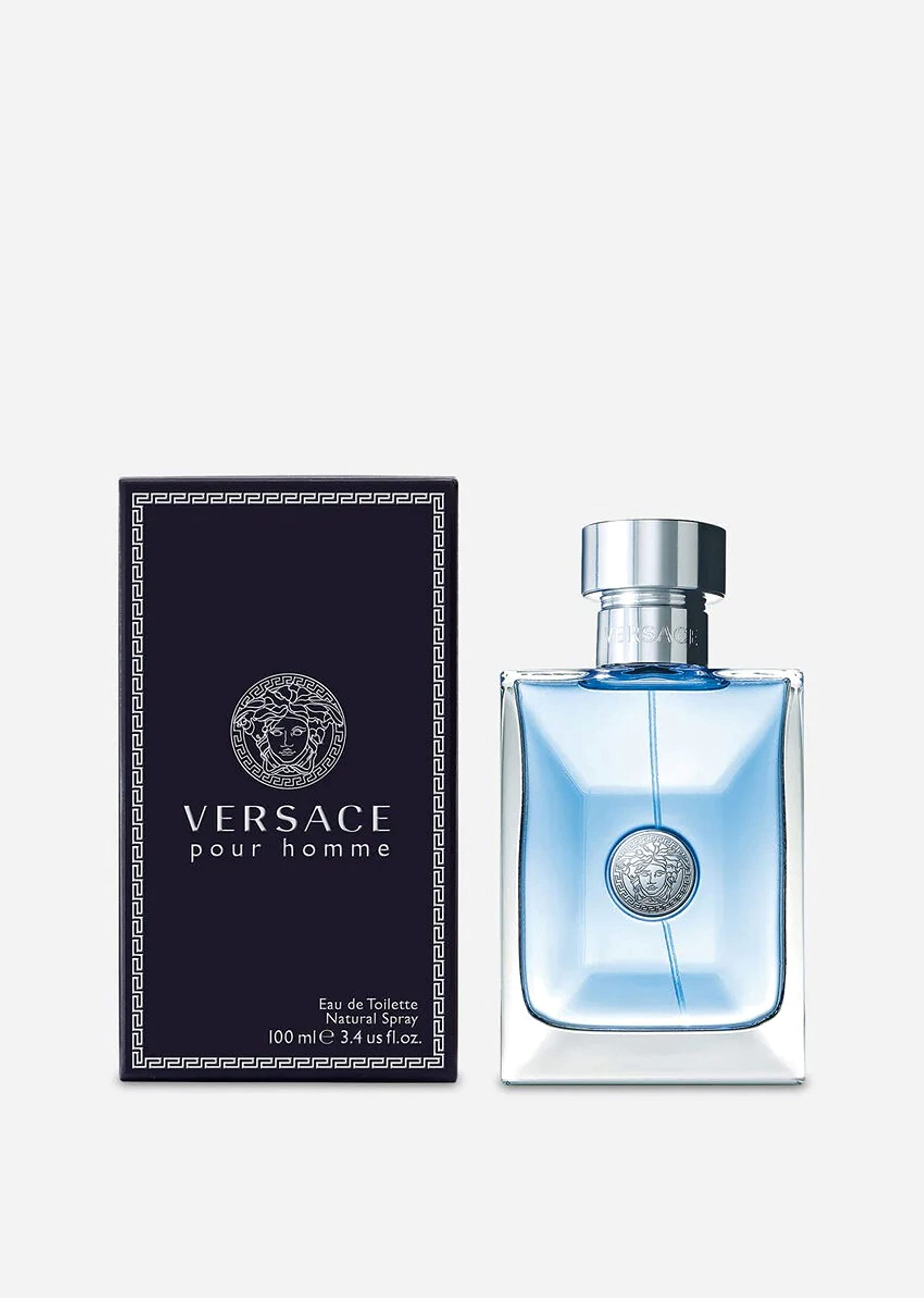 Versace Pour Homme next to travel bottle indicating 3.4 oz value and portability
