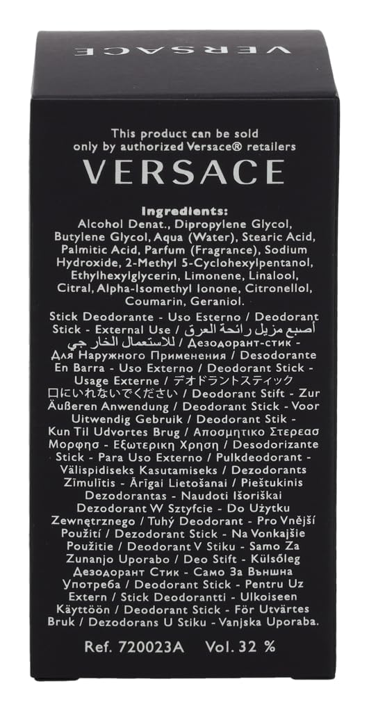 Versace Pour Homme stick next to a razor for scale, showing portable 2.5 oz size