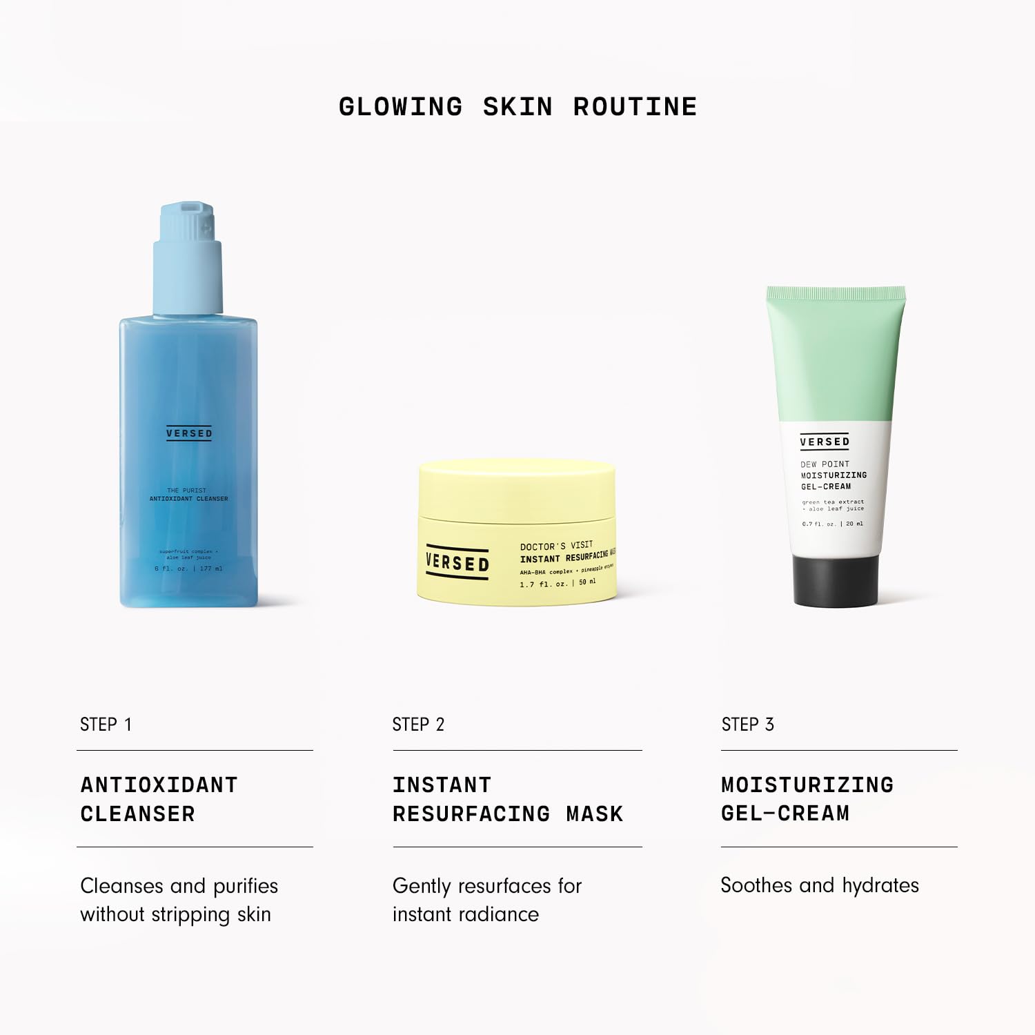 Versed label close-up highlighting active acids and ingredient transparency benefit