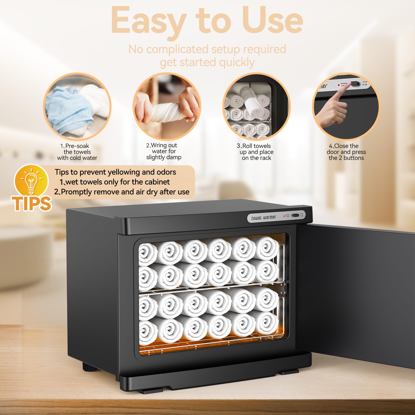 VER YTOP towel warmer placed in salon setting demonstrating professional use benefit