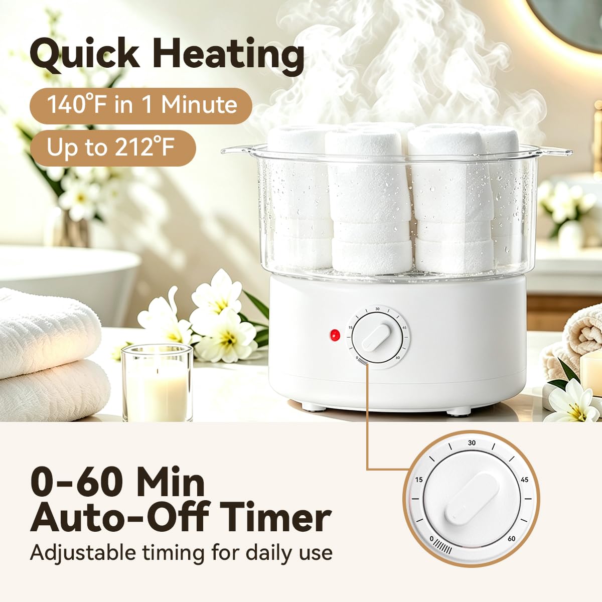 VERYTOP open lid interior showing steaming chamber and capacity for multiple towels benefit