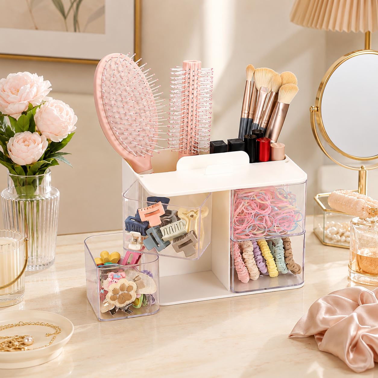 Vesicolea on a vanity storing brushes and accessories for neat counters