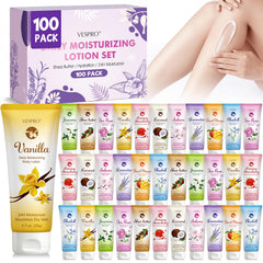 VESPRO front packaging showing 100-pack mini lotions and label benefit: travel-friendly convenience