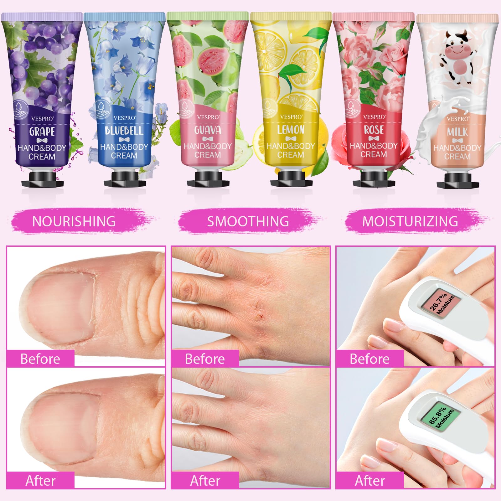 VESPRO product label and ingredient panel highlighting gentle moisturizers benefit