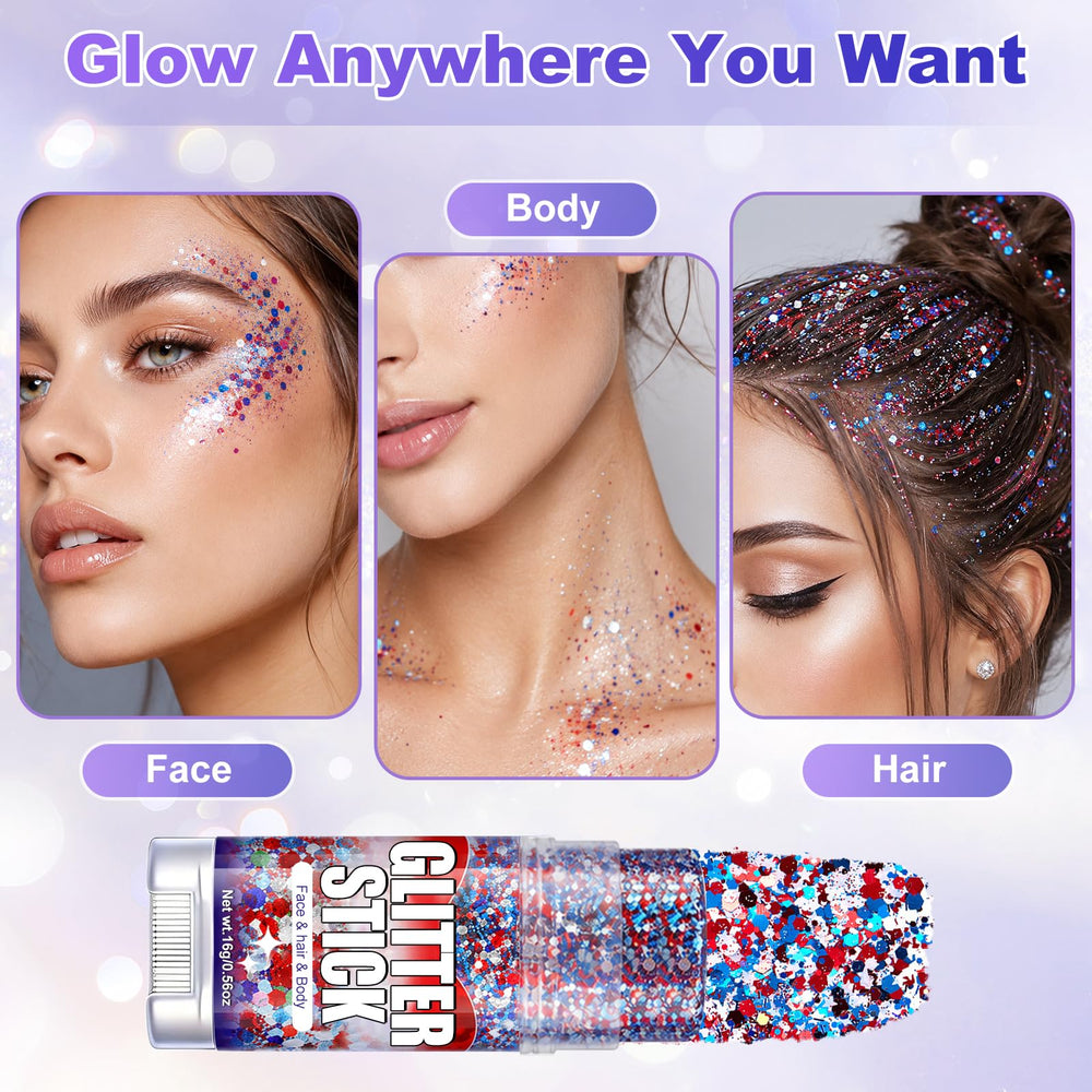 Vetuslumen glitter applied along hair part to show festival-ready hair sparkle