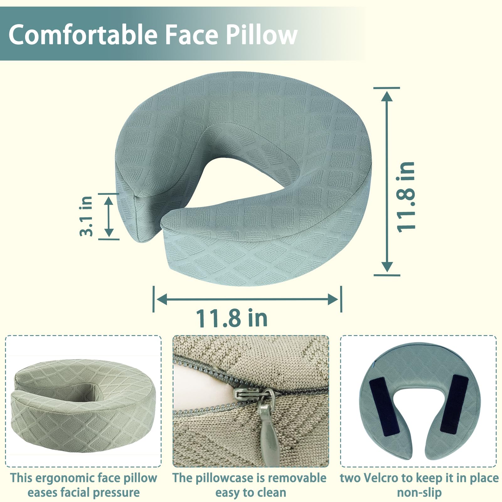 Veuverig green memory foam face pillow detail showing pressure relief benefit