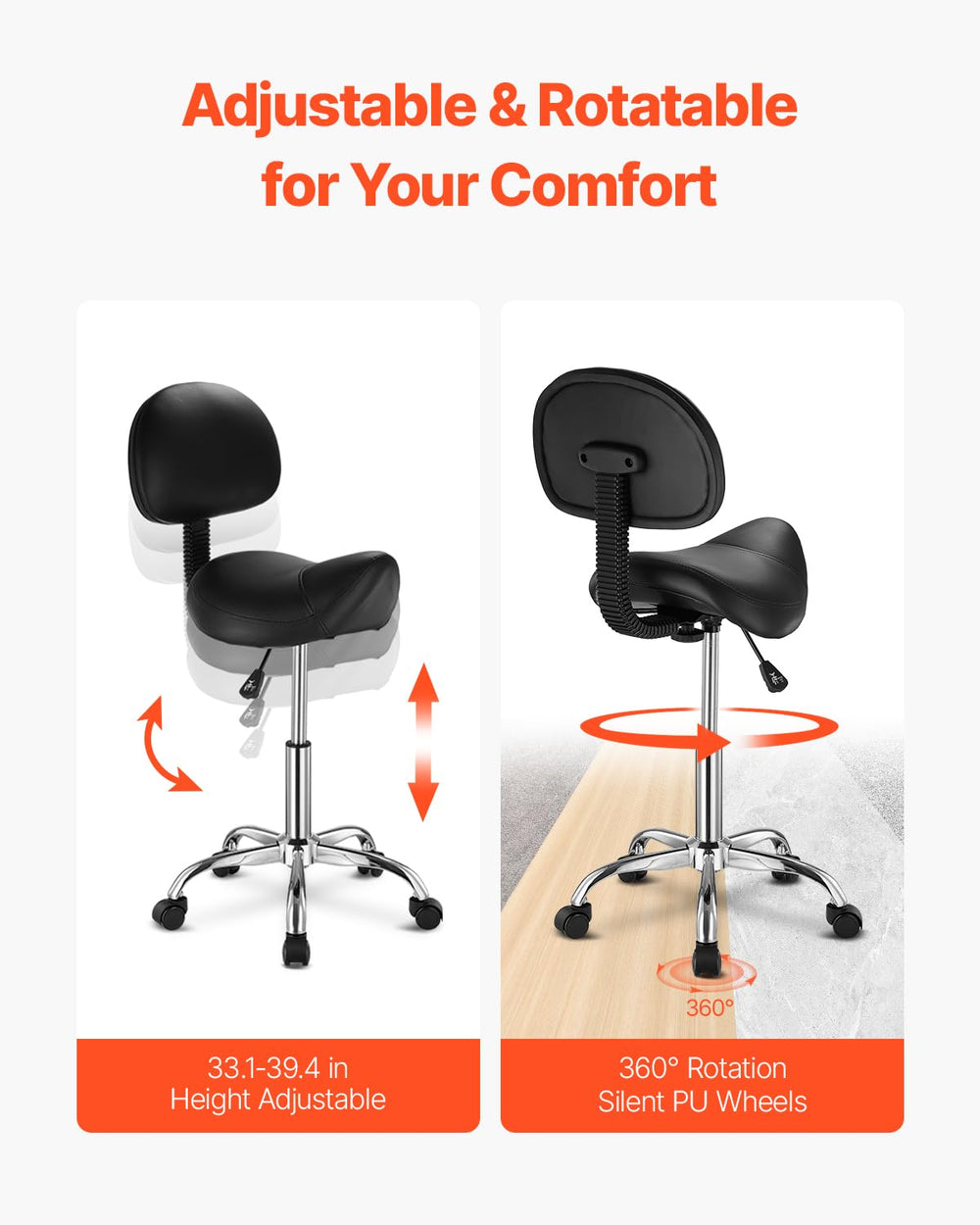 VEVOR saddle stool back support detail showing compact lumbar aid for reduced fatigue