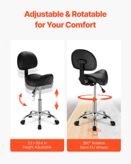 VEVOR saddle stool back support detail showing compact lumbar aid for reduced fatigue