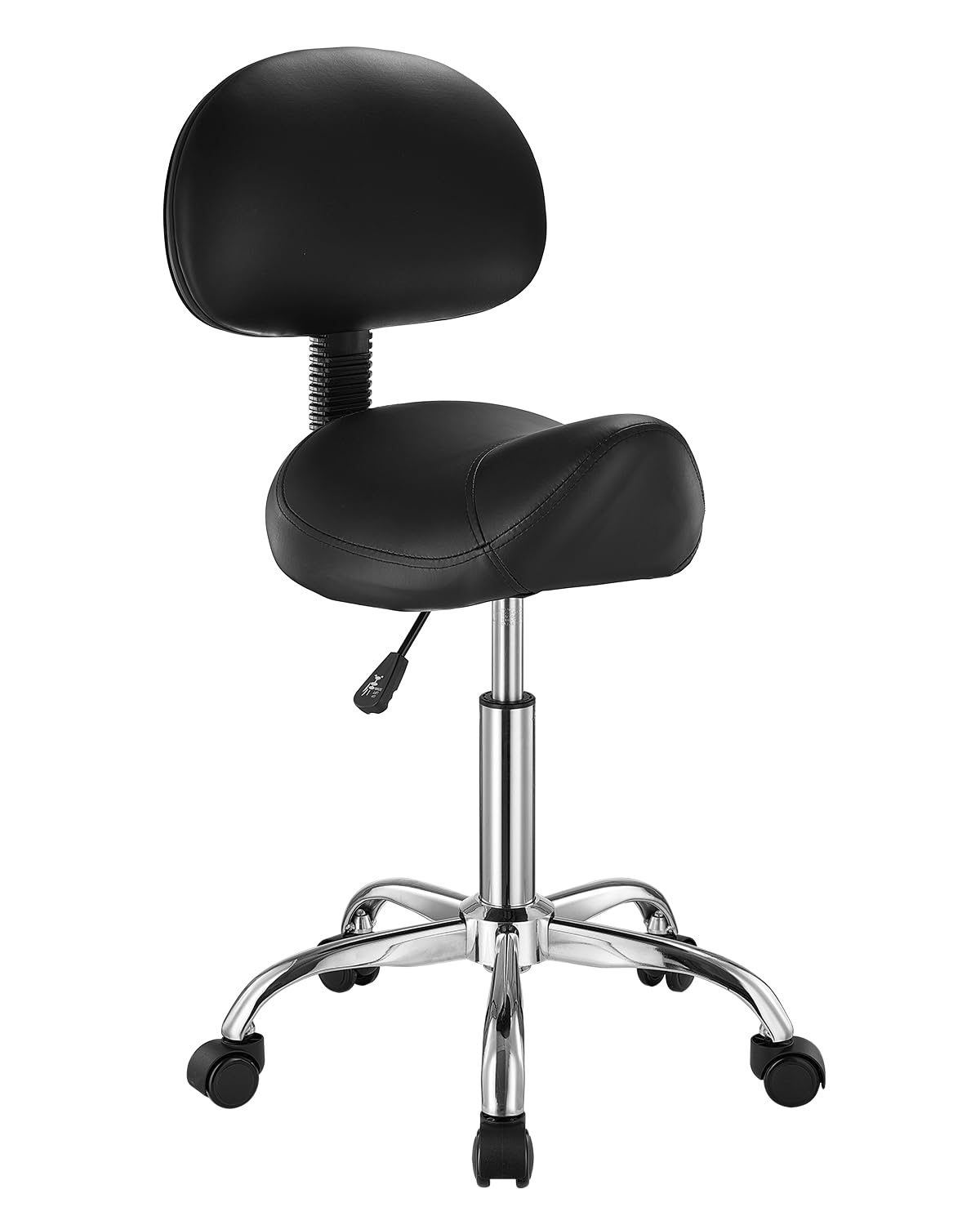 VEVOR saddle stool front view showing stable base and ergonomic seat for reliable support