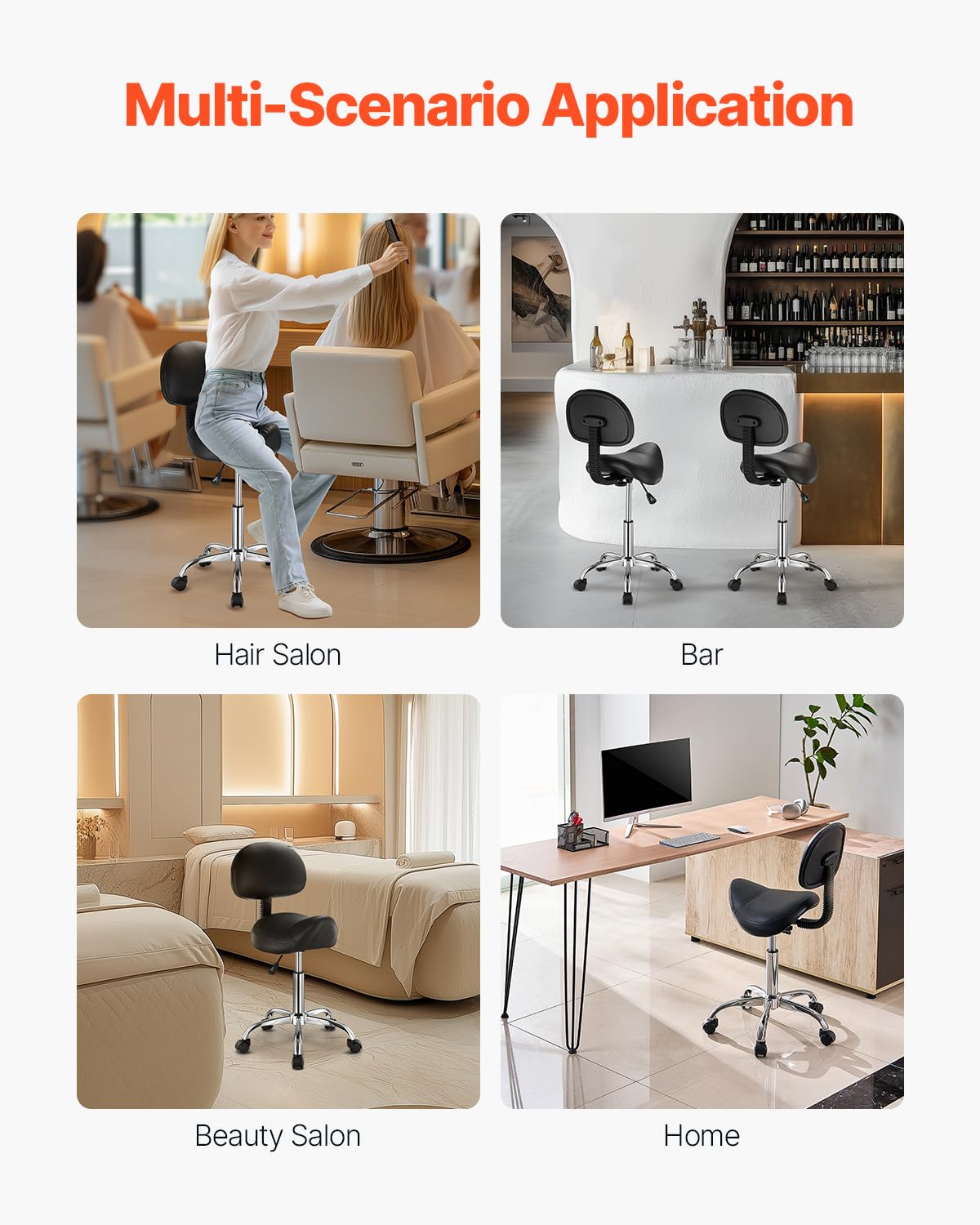 VEVOR saddle stool demonstrating height adjustment lever and versatile working range benefit