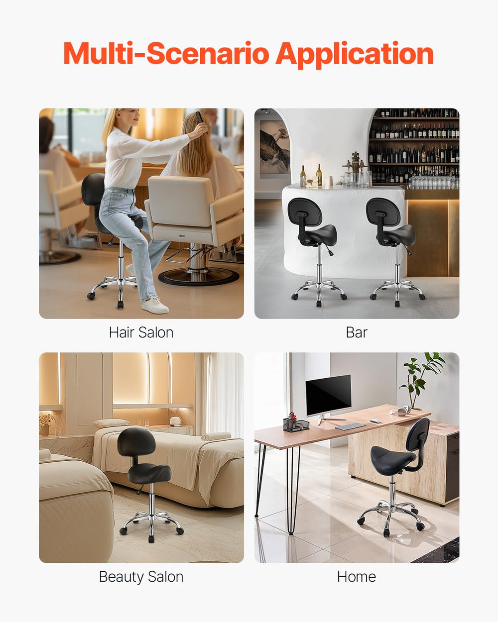 VEVOR saddle stool demonstrating height adjustment lever and versatile working range benefit