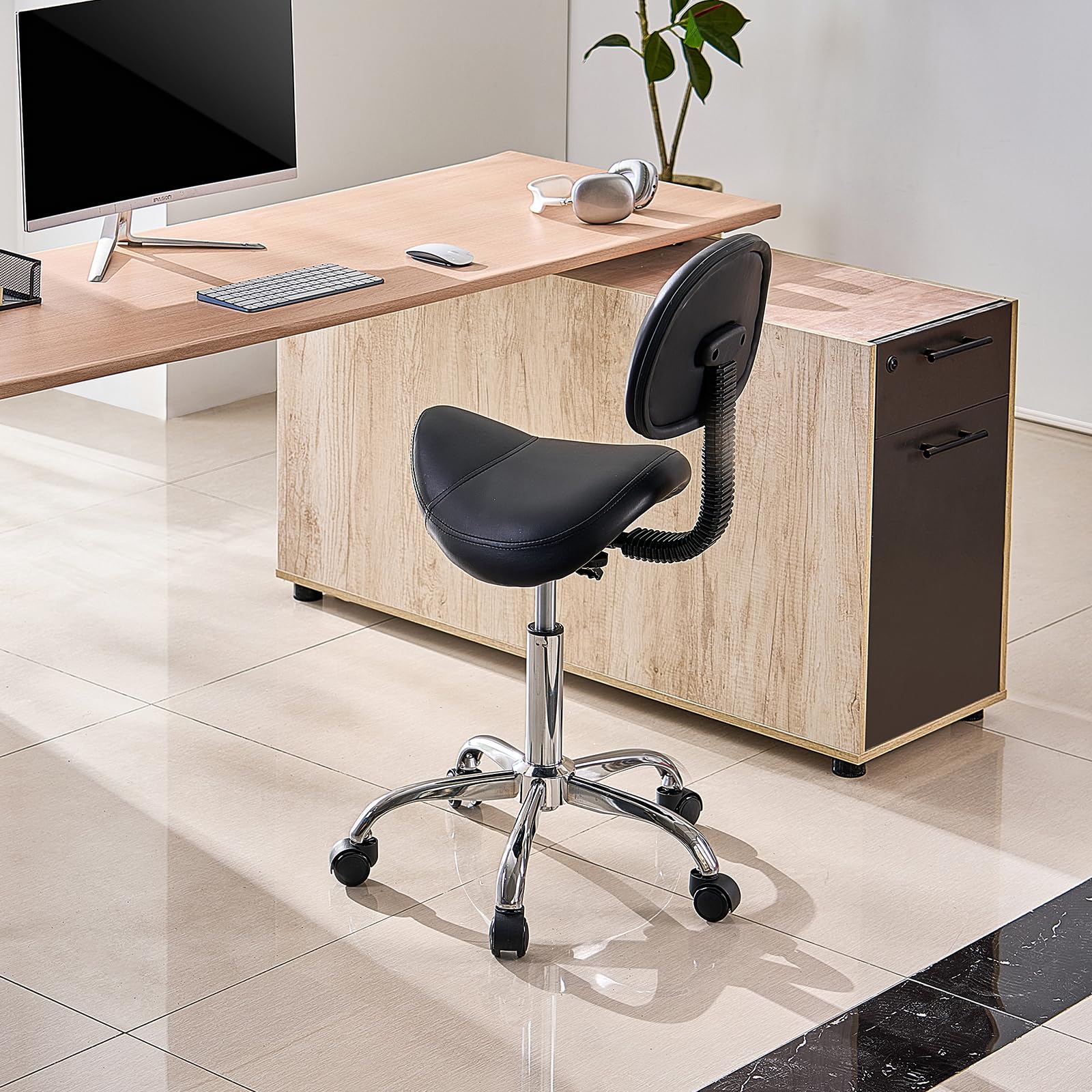 VEVOR saddle stool in salon setting showing mobility and ergonomics for professionals