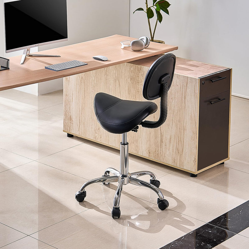 VEVOR saddle stool in salon setting showing mobility and ergonomics for professionals
