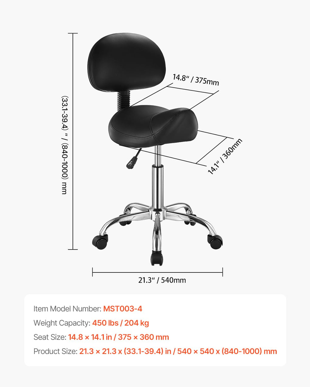 VEVOR saddle stool next to chair for scale comparison showing compact footprint advantage