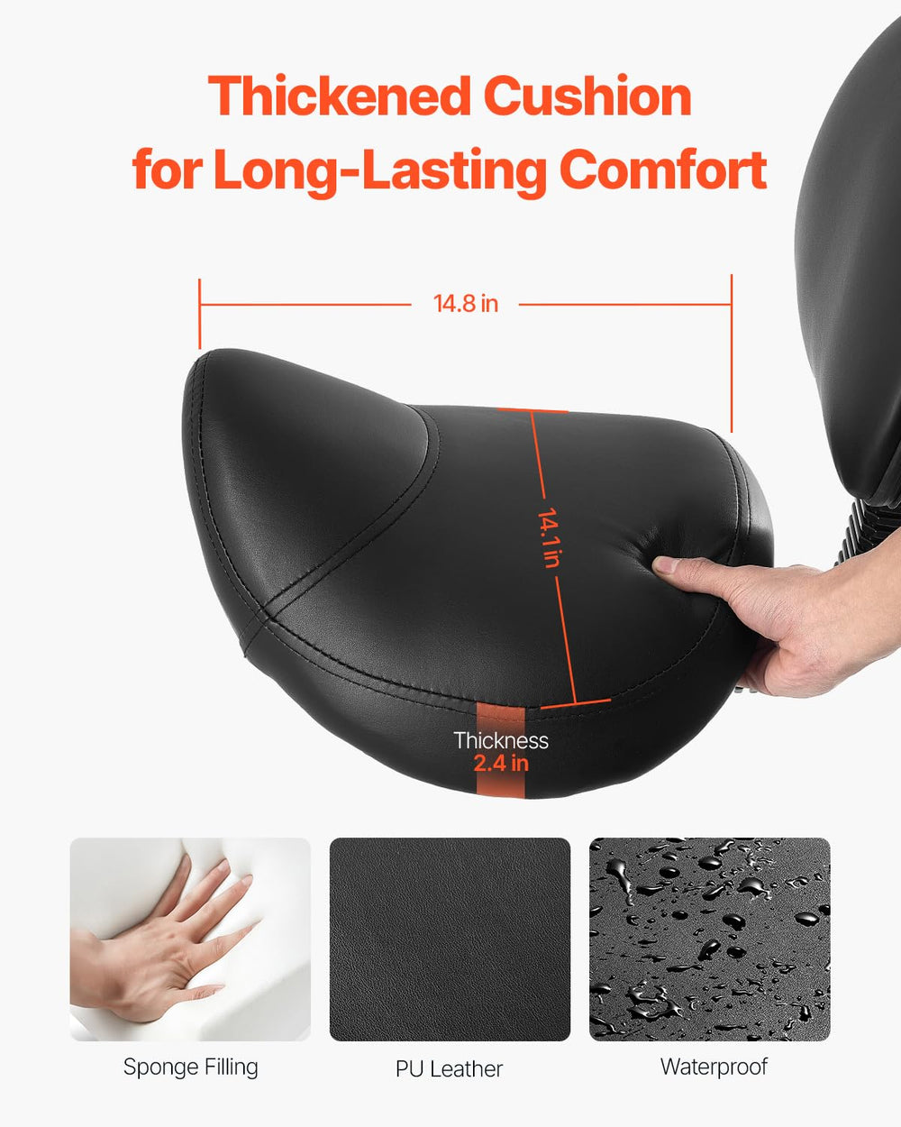 VEVOR saddle stool side profile highlighting forward seat tilt and comfortable posture support