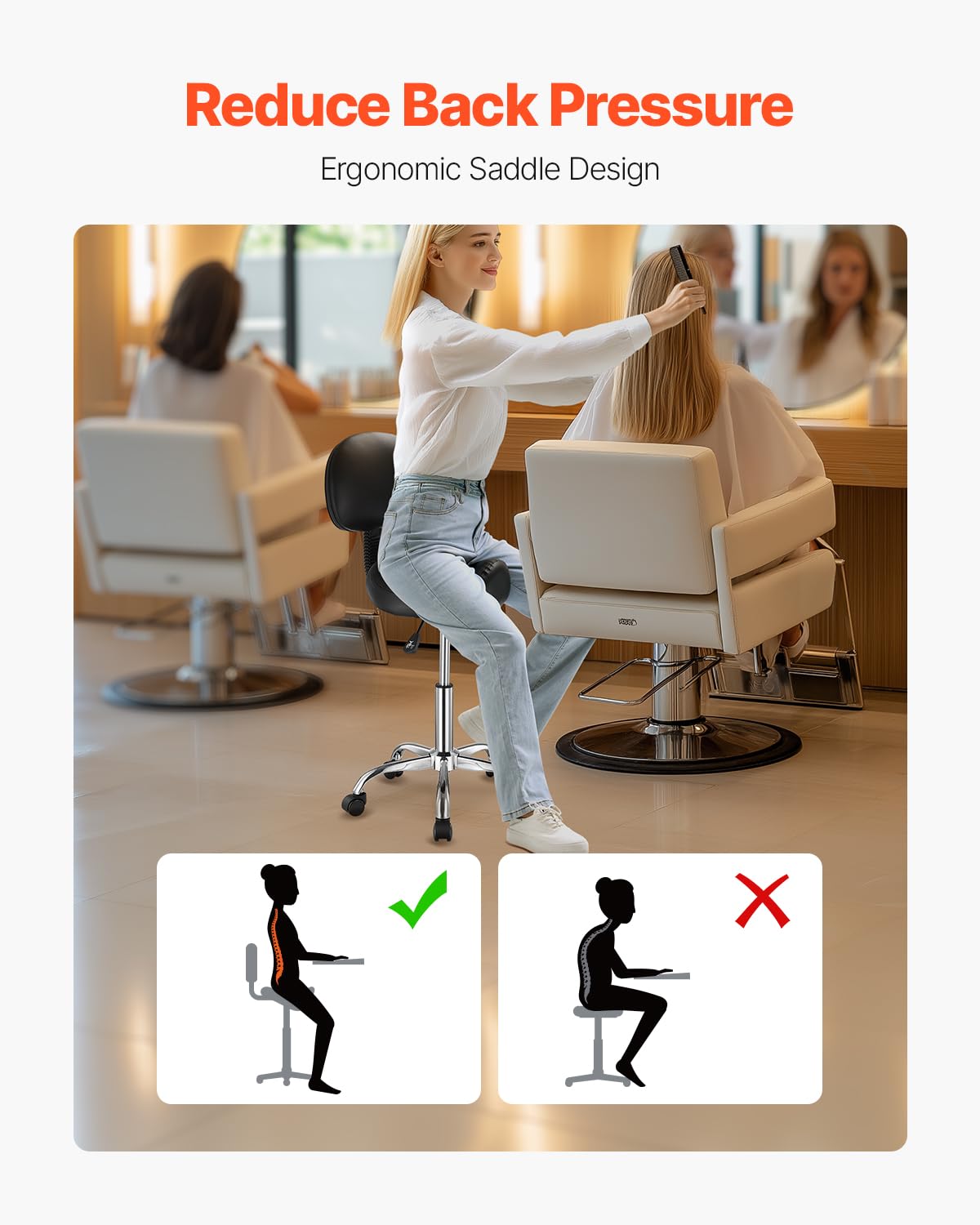 VEVOR saddle stool wheels and base showing wide metal base and silent PU casters benefit