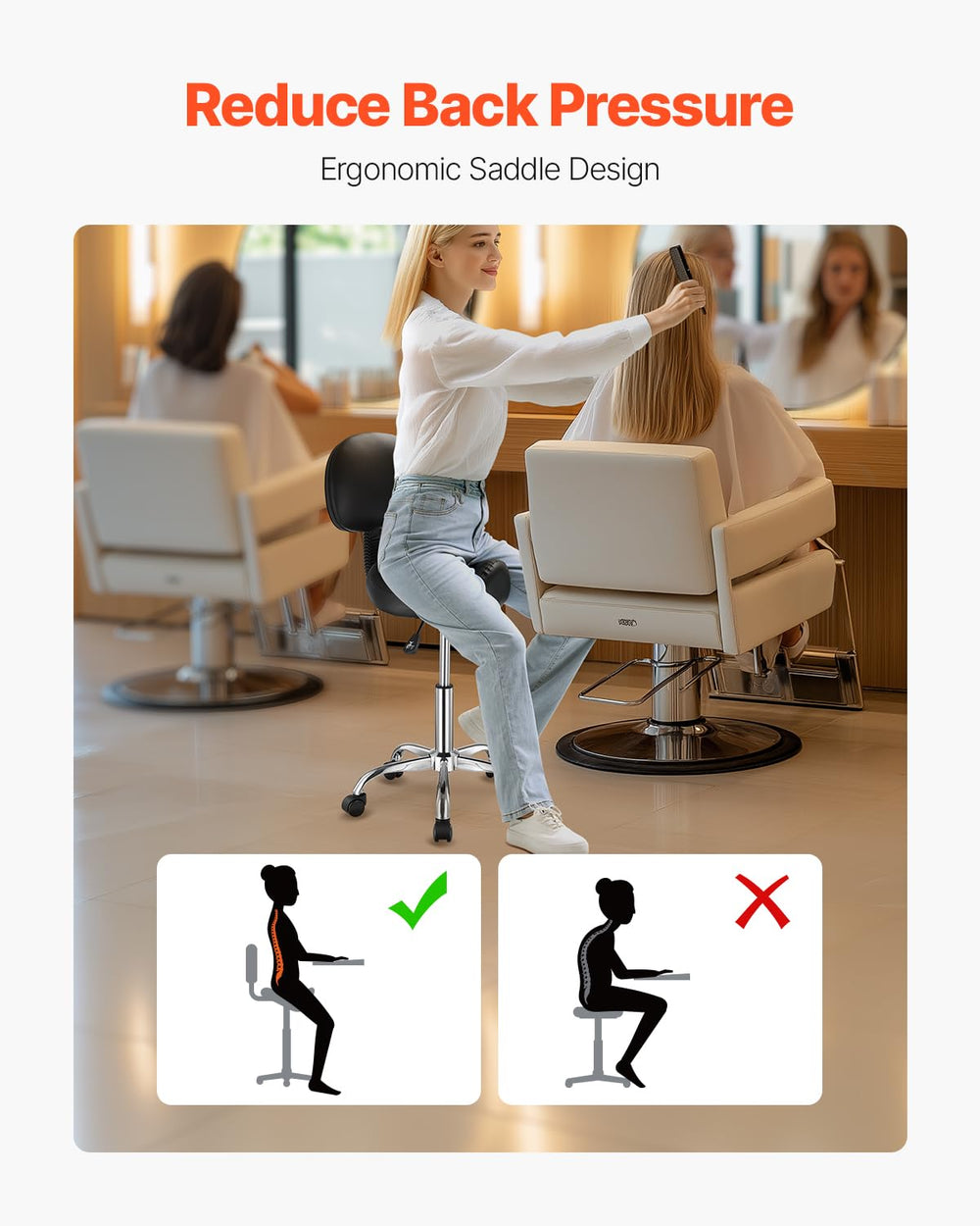 VEVOR saddle stool wheels and base showing wide metal base and silent PU casters benefit