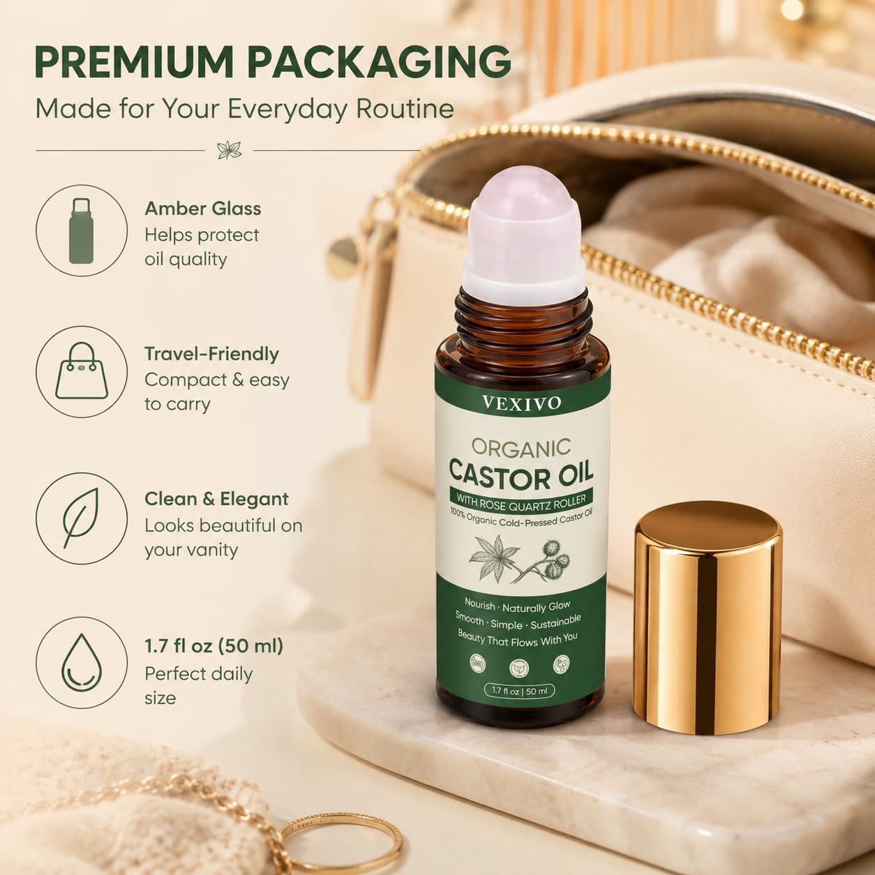 TOGOLIUN bottle beside travel kit illustrating compact, travel-friendly size