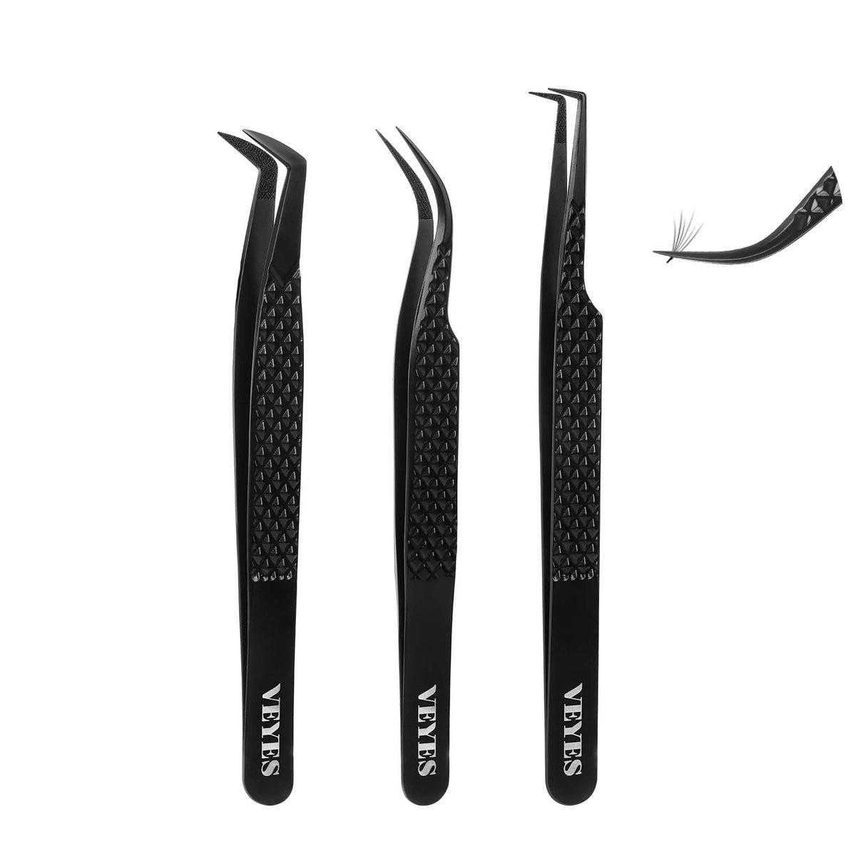 VEYES INC front packaging showing three tweezers and kit benefits